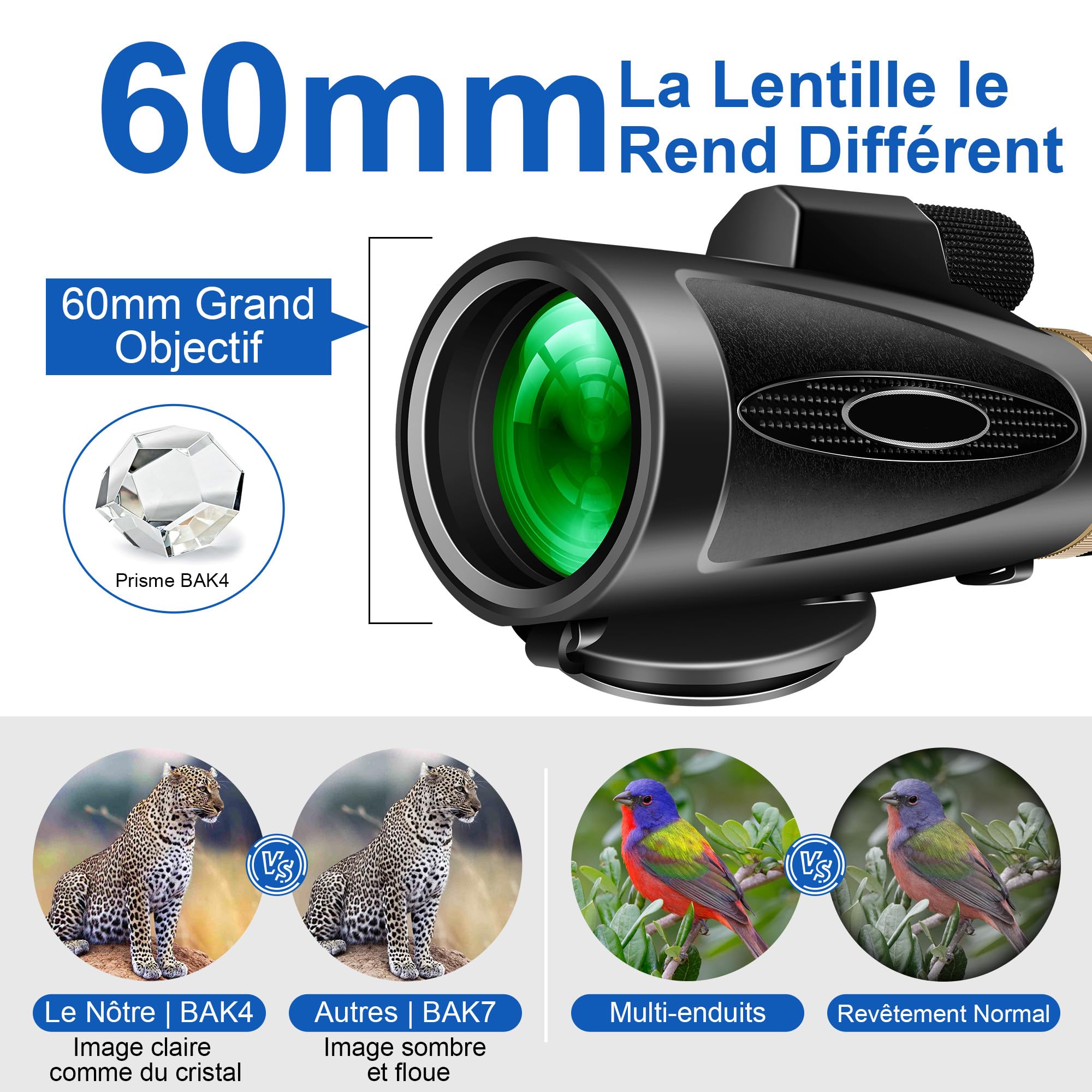 Telescope Monoculaire 30X60 Télescope Monoculaires Longue vue tir sportif Puissante Telescope Monocular avec Trepied Compact Professionnel Zoom Optique pour Smartphone Adultes Observation des oiseaux