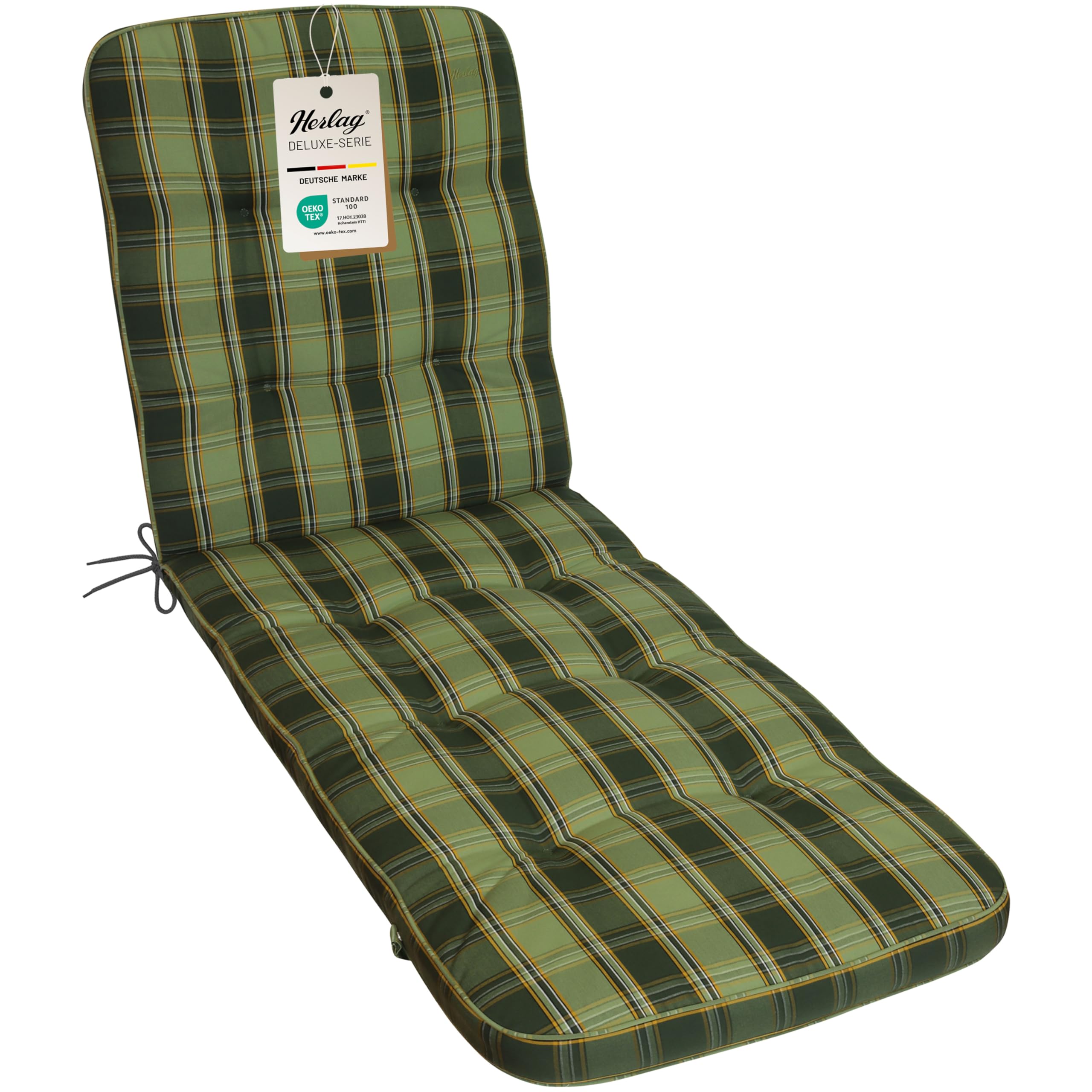 Herlag Liegenauflage Tilly 200x65x9cm - Liegestuhl-Auflage Karo-Motiv 9cm - Liegepolster für Gartenliege - Gartenmöbelauflage Liege Deluxe-Serie - Atmungsaktiv - Öko Tex 100 - Grün-Kariert
