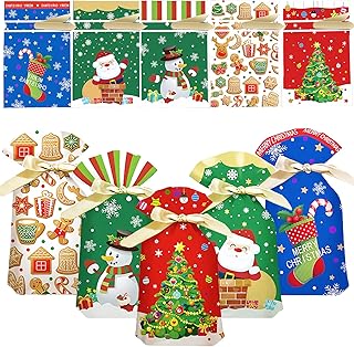 50pcs Christmas Drawstring Gift Bags,Reusable Foil Xmas Tie Bag for Presents,Bulk Xmas Pull String Foil Bags,Small Christmas Wrapping Bag 5 Design for Party,Presents,Holiday (6x9in)