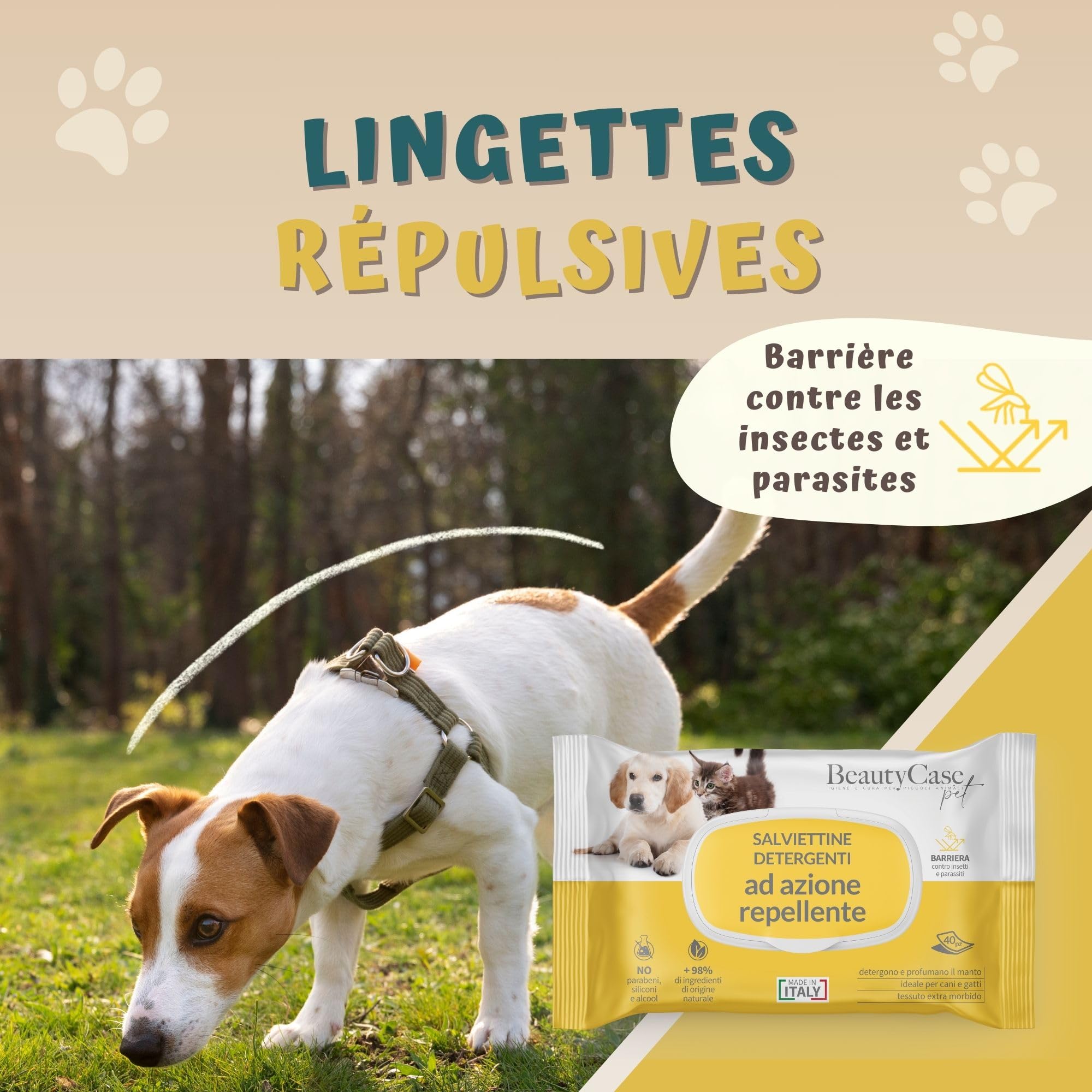 Beauty Case Lingette Chien Répulsives 480 pcs (12x40) - Lingettes Douces pour Chien, Chiot et Chat - Extra Large 20x30cm - Corps et Pattes - Action Anti-Insectes
