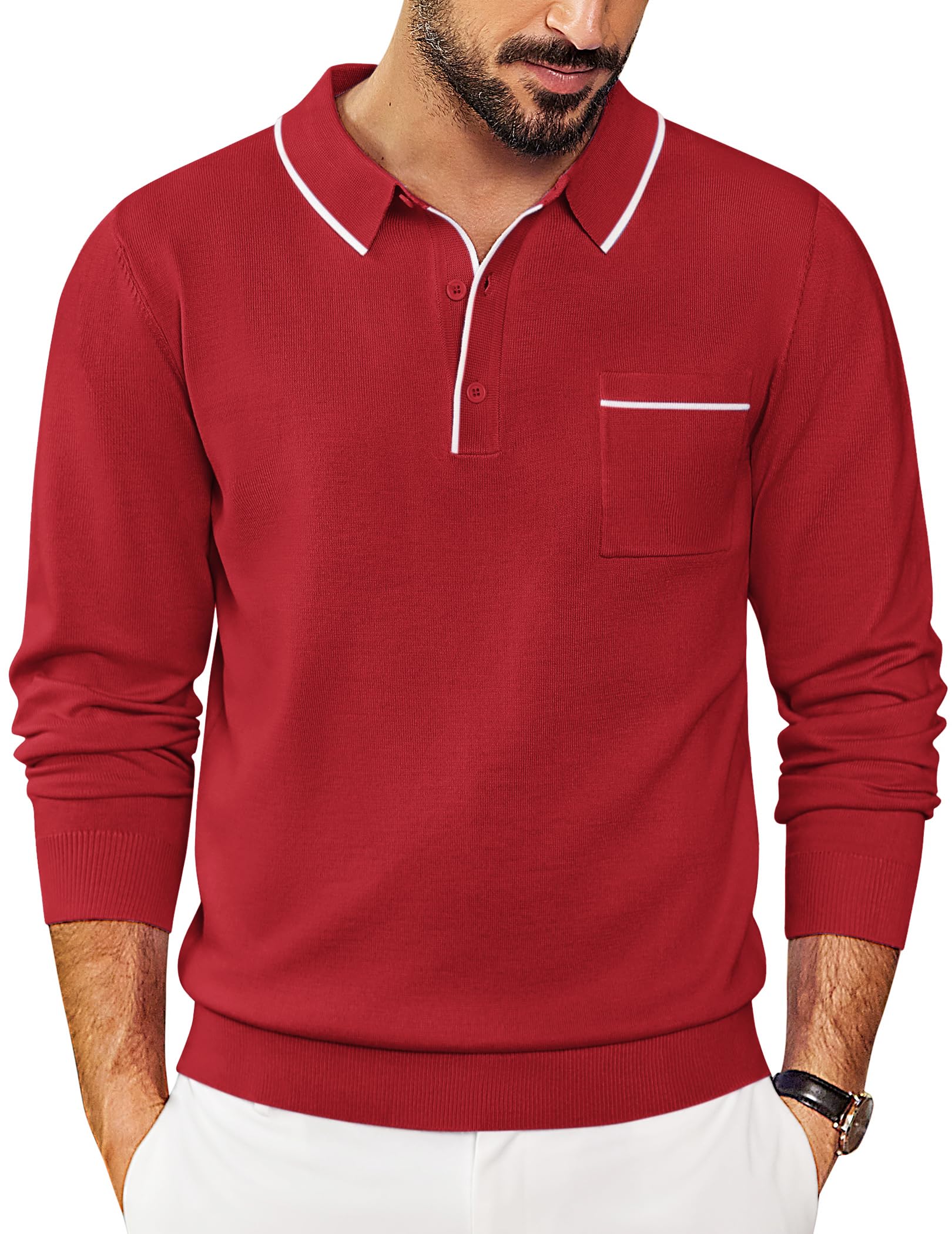COOFANDY Mens Knit Polo Long Sleeve Collared Sweater