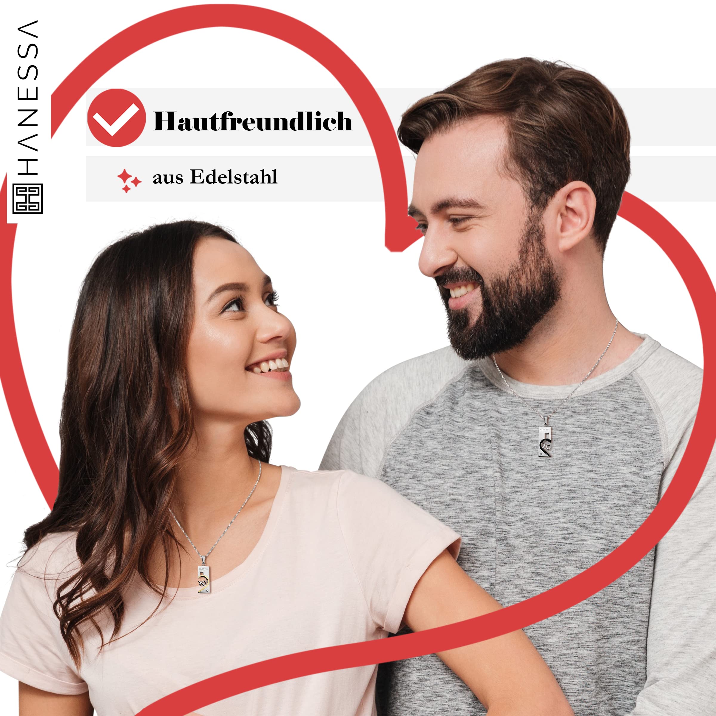2 Stück Personalisierte Kette mit Gravur Edelstahl 50 cm mit Anhänger Herz mit Datum in silber - Personalisierte Geschenke für Damen Herren Freundin Freund - Partner Halskette Sie Ihn