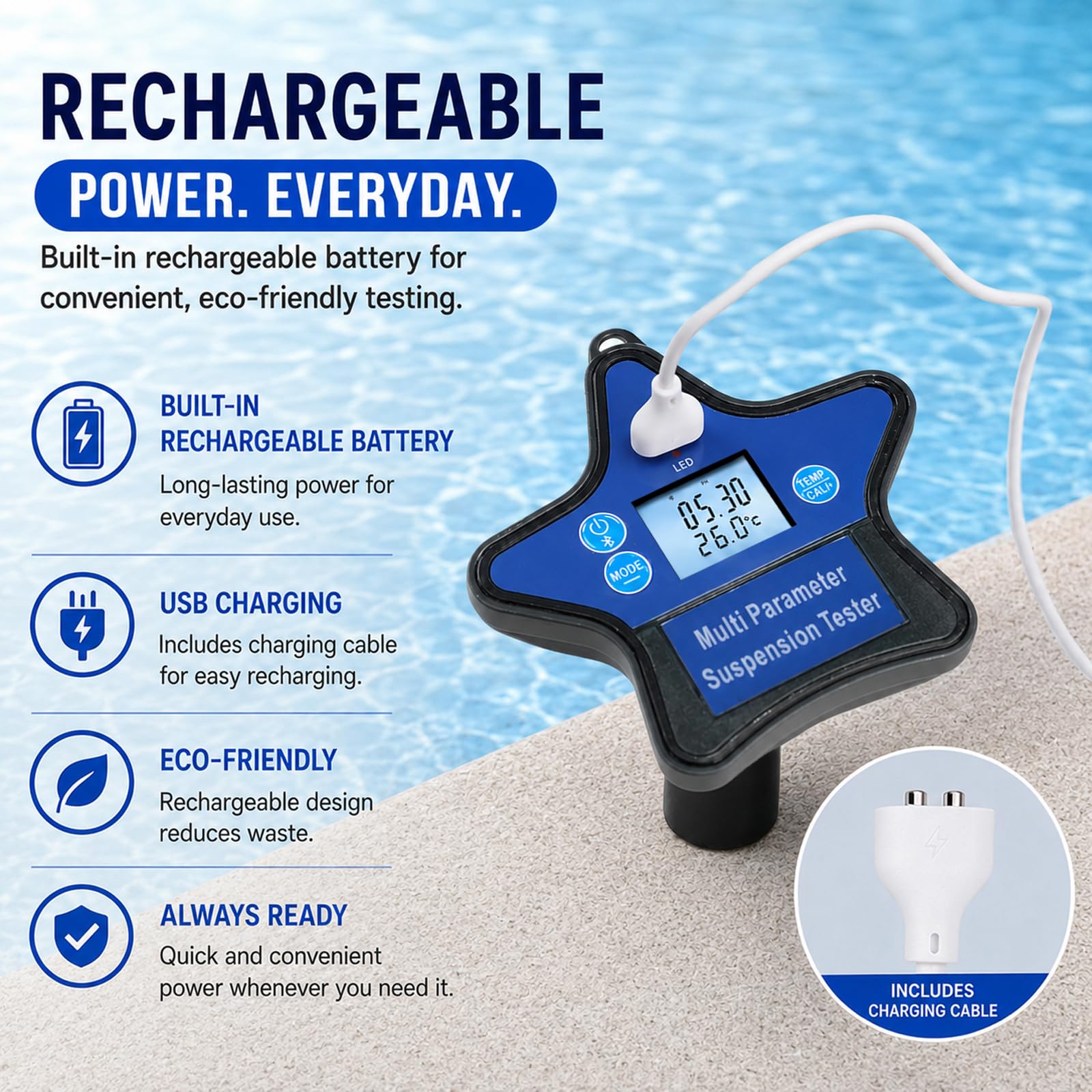 Tester Qualité Eau Flottant 9-en-1 | Moniteur Piscine & Hydroponie pH, ORP, CL, EC, CF, TDS, Sel, S.G. & Temp | Design Flottant Rechargeable avec Écran LCD Rétroéclairé & Suivi par Appli