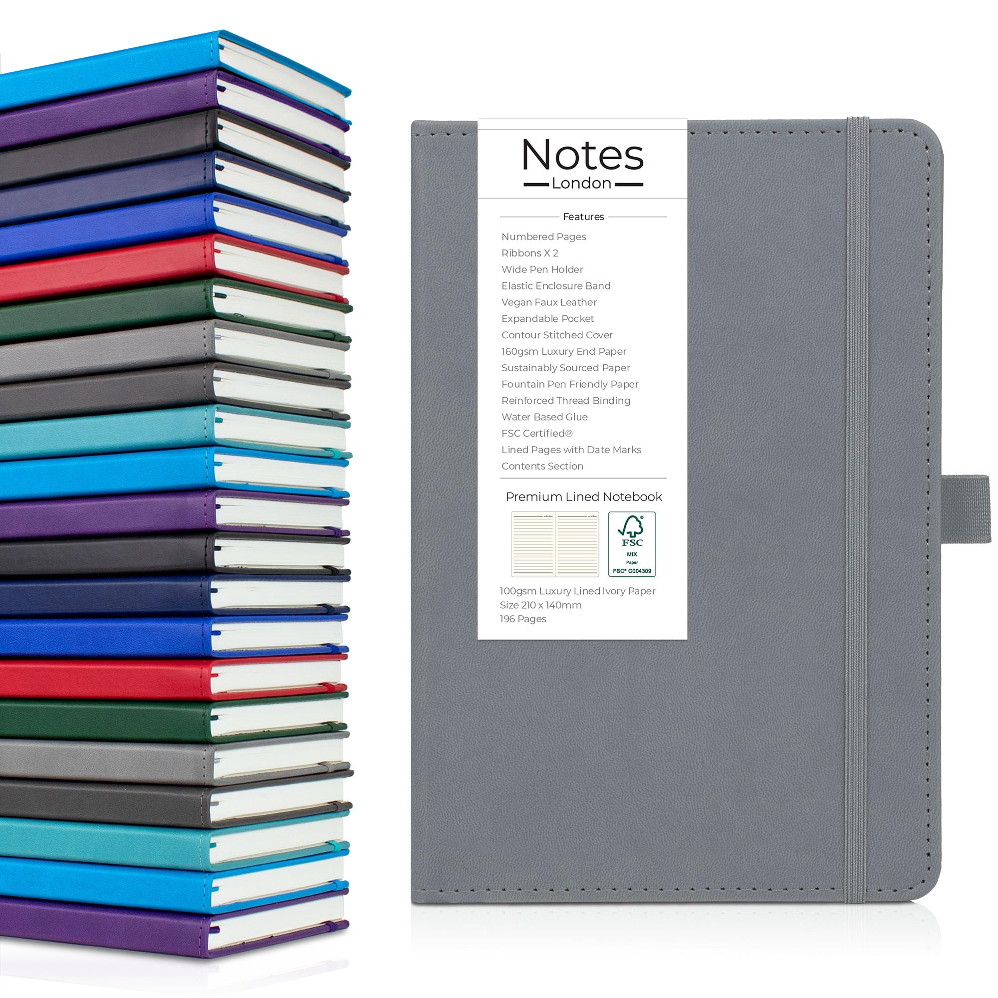 Notes London Luxury Italian Style A5 Notebook with Stitched Hardcover, 100gsm Lined Numbered & Date Marked Pages, 2X Ribbons