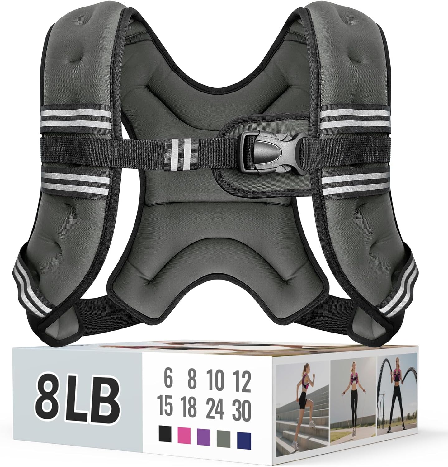 Weighted Vest for Women & Men with Reflective Stripe and Adjustable Buckle, Comfortable & Durable Rucking Vest for Walking, Running & Strength Training 8 lb Gray