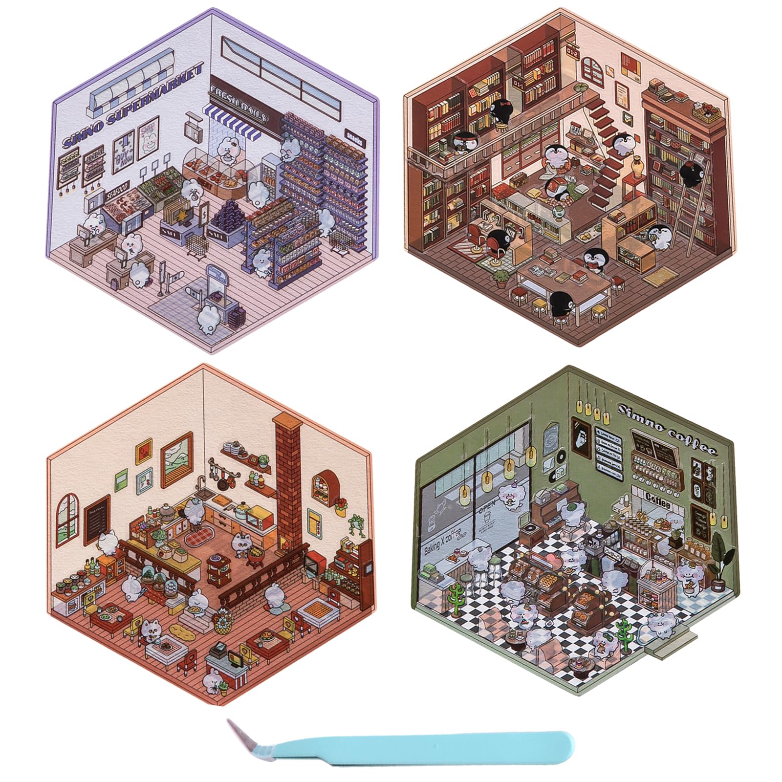 4 Sets DIY 3D House Stickers, DIY 3D Stickers Scene Make Your Own Supermarket/Coffee Shop/Restaurant/Bookstore, Cute Korean Cartoon Scene Stickers for Adult Kids Relief Stress Pass The Time (A)