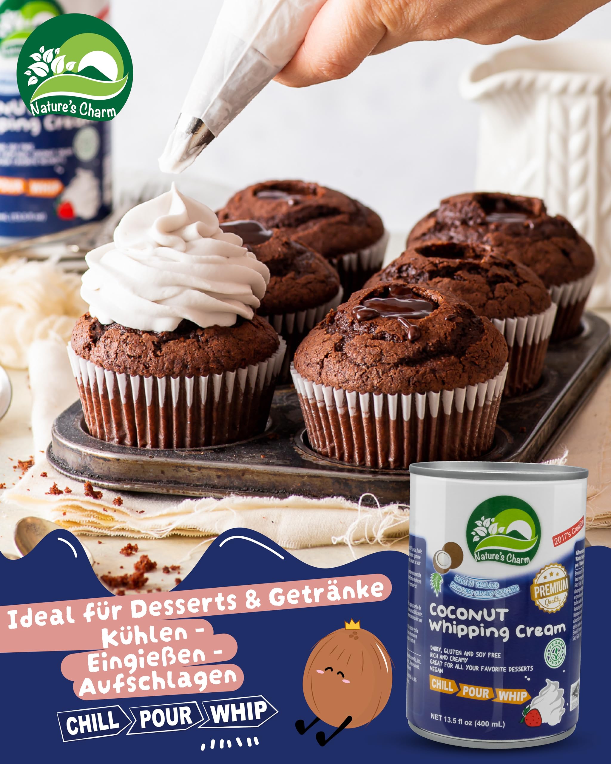 Nature’s Charm Kokosnussmilch zum Aufschlagen I Vegane Kokosmilch I Ideal zum Backen, für cremige Desserts und süße Rezepte I 6 x 400 ml
