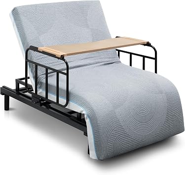 Adjustable Electric Twin Size Lift Bed for Seniors, Safe Standing/Sitting/Lying Aid, Remote Control, Fall-Safe Rails, Detachable Tray, 6 Inch Mattress, Hospital Style Lift Base