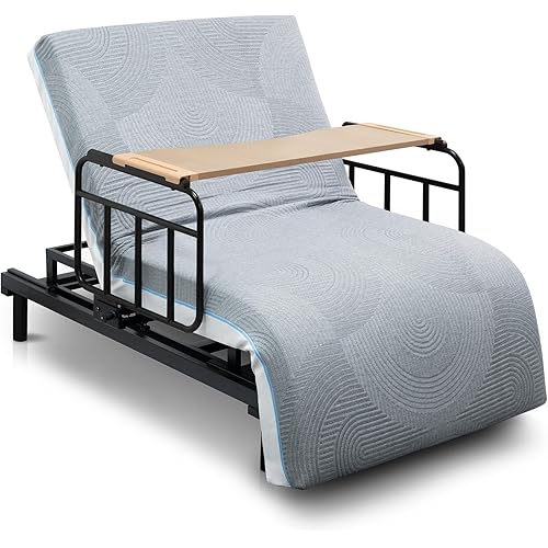 Electric Lift Bed for Seniors with Remote Control, 72"L x 36"W Bed Frame with Adjustable Backrest & Leg Lift, Quiet Motor, Safety Side Rails, Detachable Tray Table& Memory Foam Mattress for Home Care