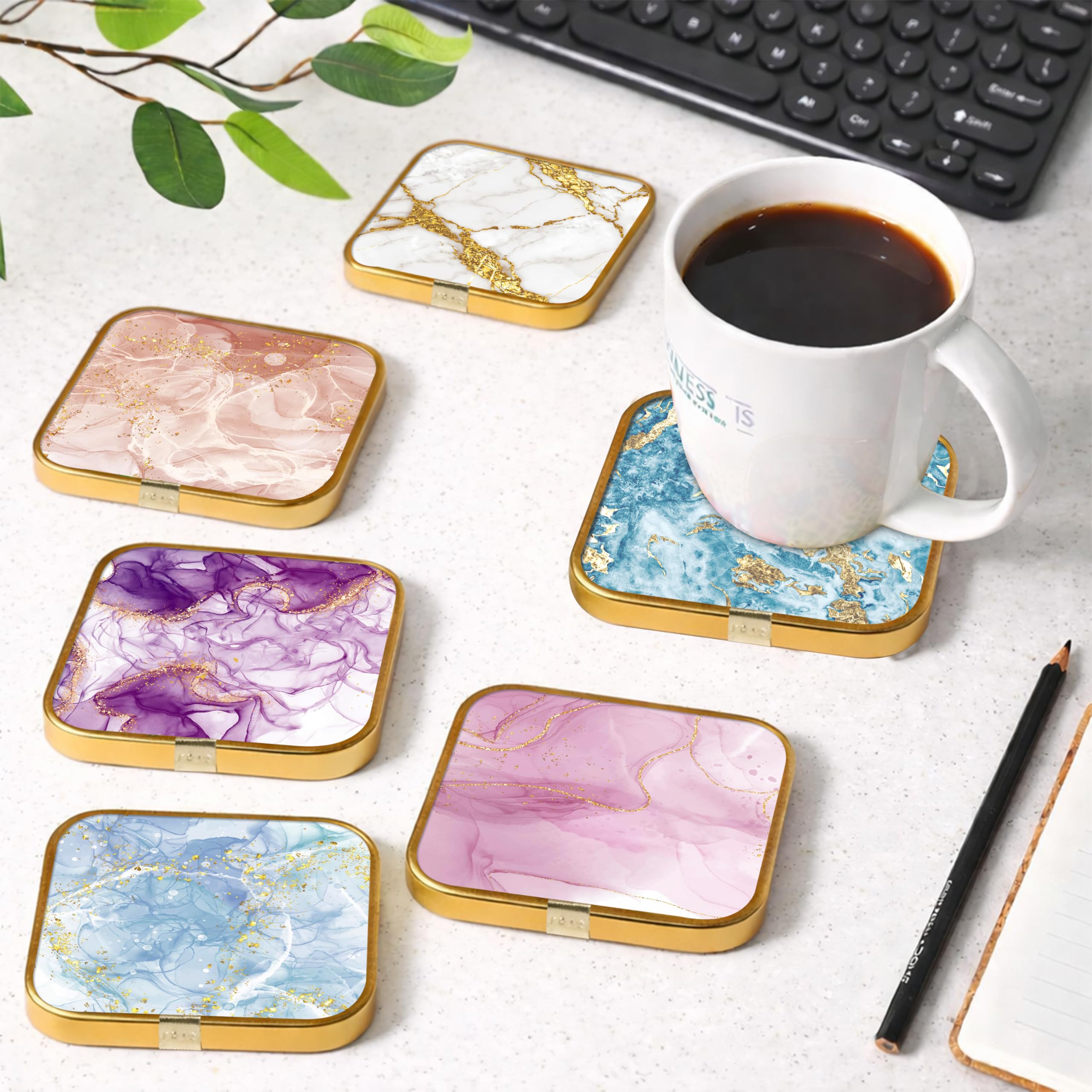 Goelite Stylist Modern Wooden Coasters with Golden Border, Set of 6 with Stand, Handmade for Tea Cups, Coffee Mugs, Beer Mugs, 10 x 10 cm (Shells Pattern)