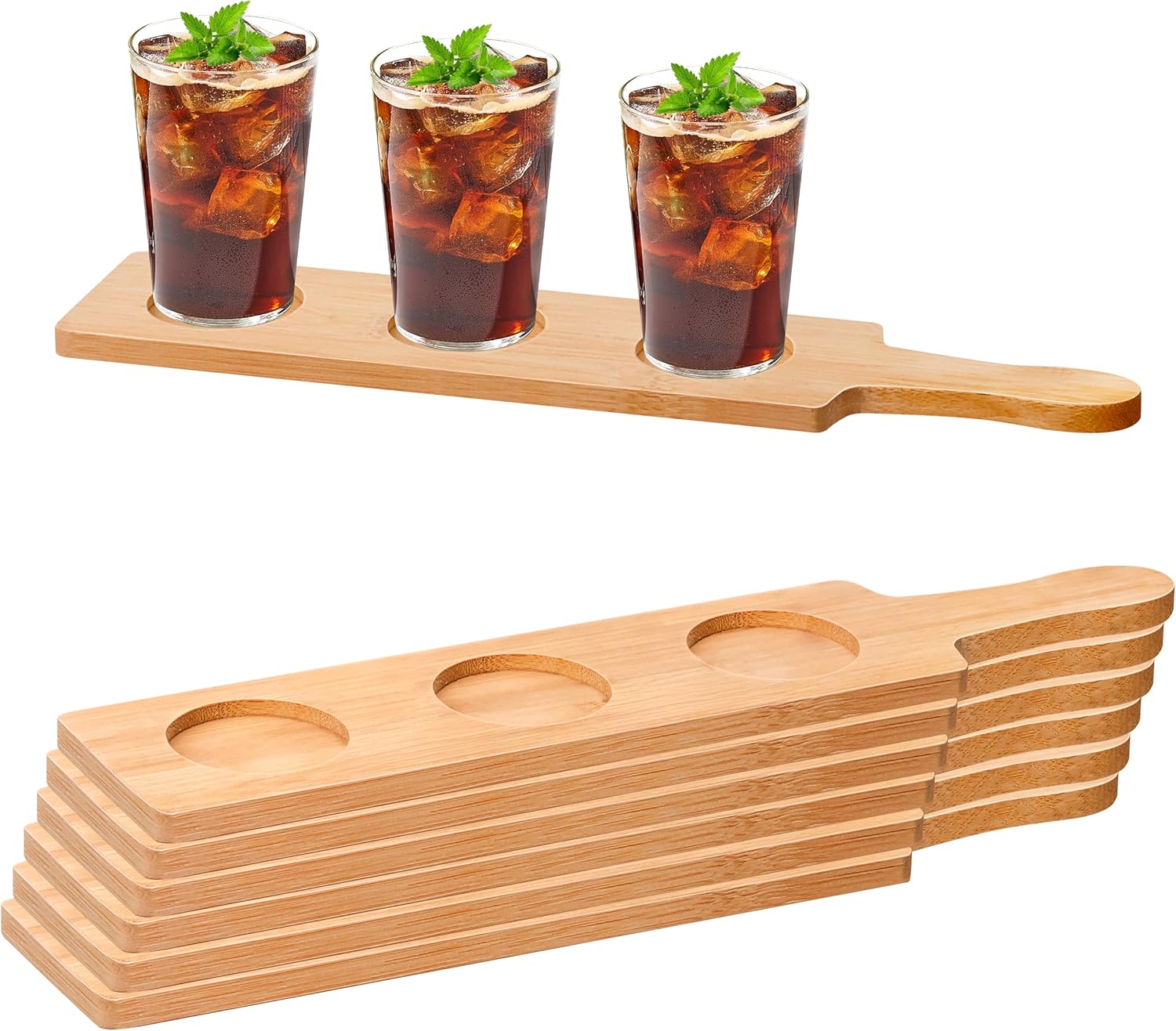 6 Pcs Flight Boards for Tasting, 2.17 Inch Dia Bamboo Beer Flight Board 3 Slots Flight Serving Paddles for Wine Whiskey Coffee Drink