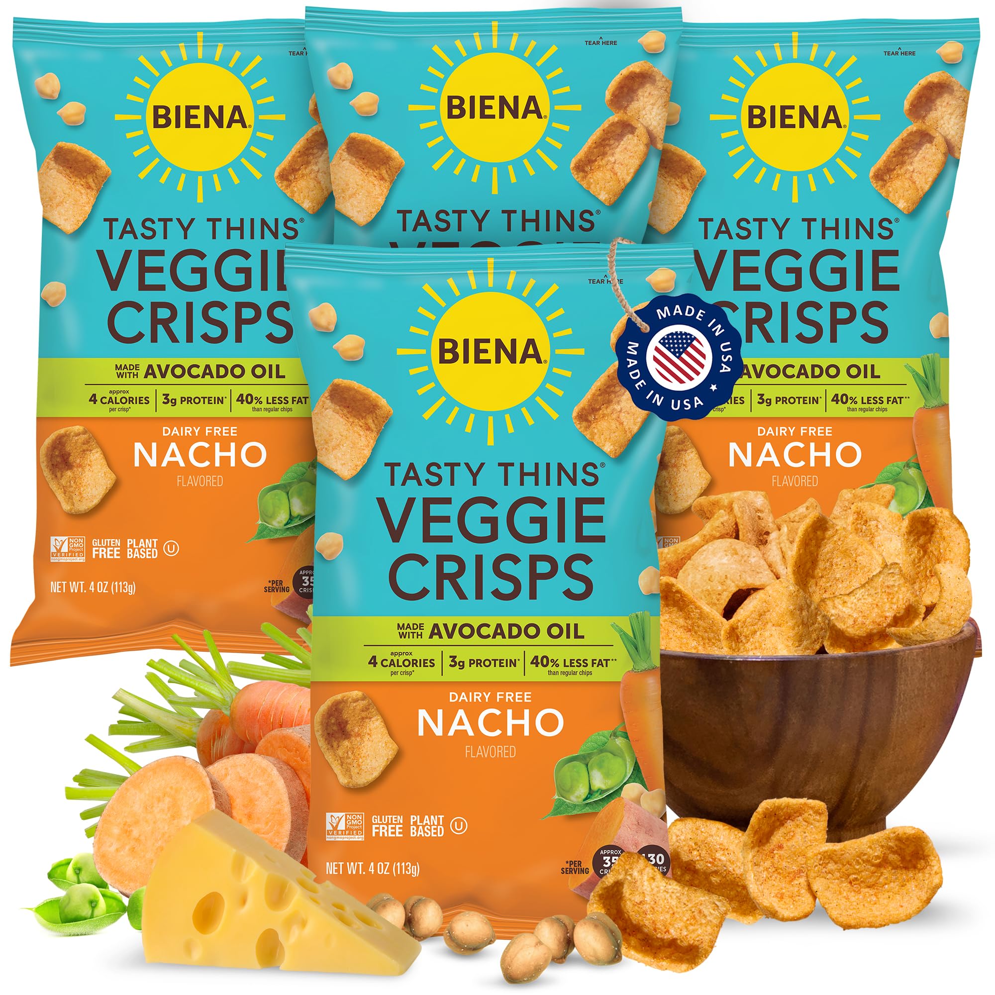 BIENA Tasty Thins Veggie Crisps – Made with Avocado Oil - Nacho, 4-Pk 4oz Bags – Chickpeas & Veggies, Vegan, Gluten Free, Dairy-Free, Non-GMO,