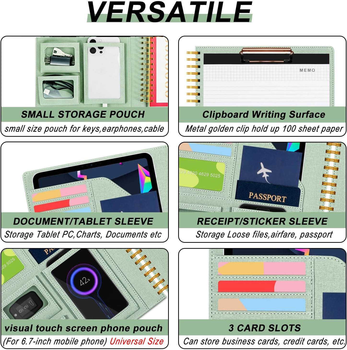 Sauge Porte-bloc pliable à spirale avec pochette de rangement zippée, 5 dossiers en plastique avec poches, bloc-notes ligné rechargeable (21,6 x 27,9 cm), organiseur de projet à couverture
