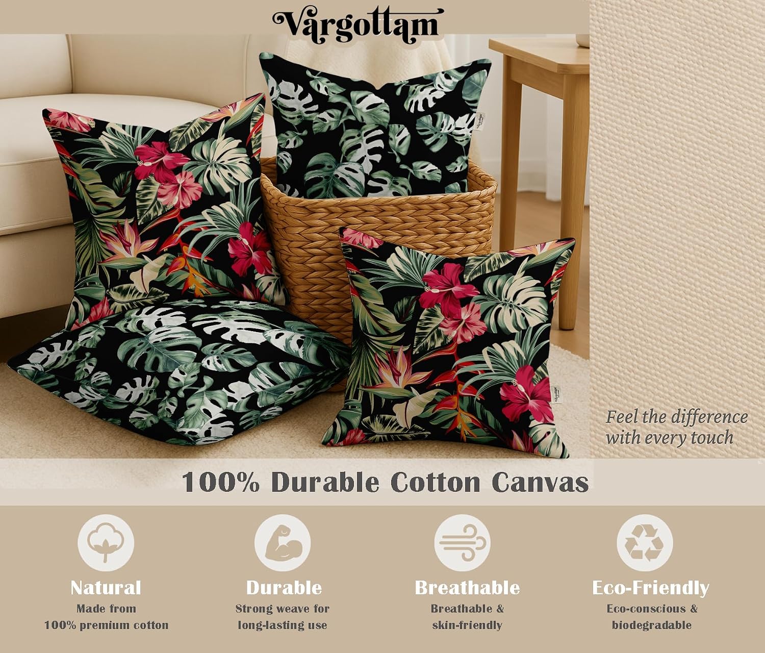 Tropical Design, Decorative Cushion Covers Set of 4-16x16 Inch, 100% Cotton, Printed on Both Sides, Hidden Zipper, Black