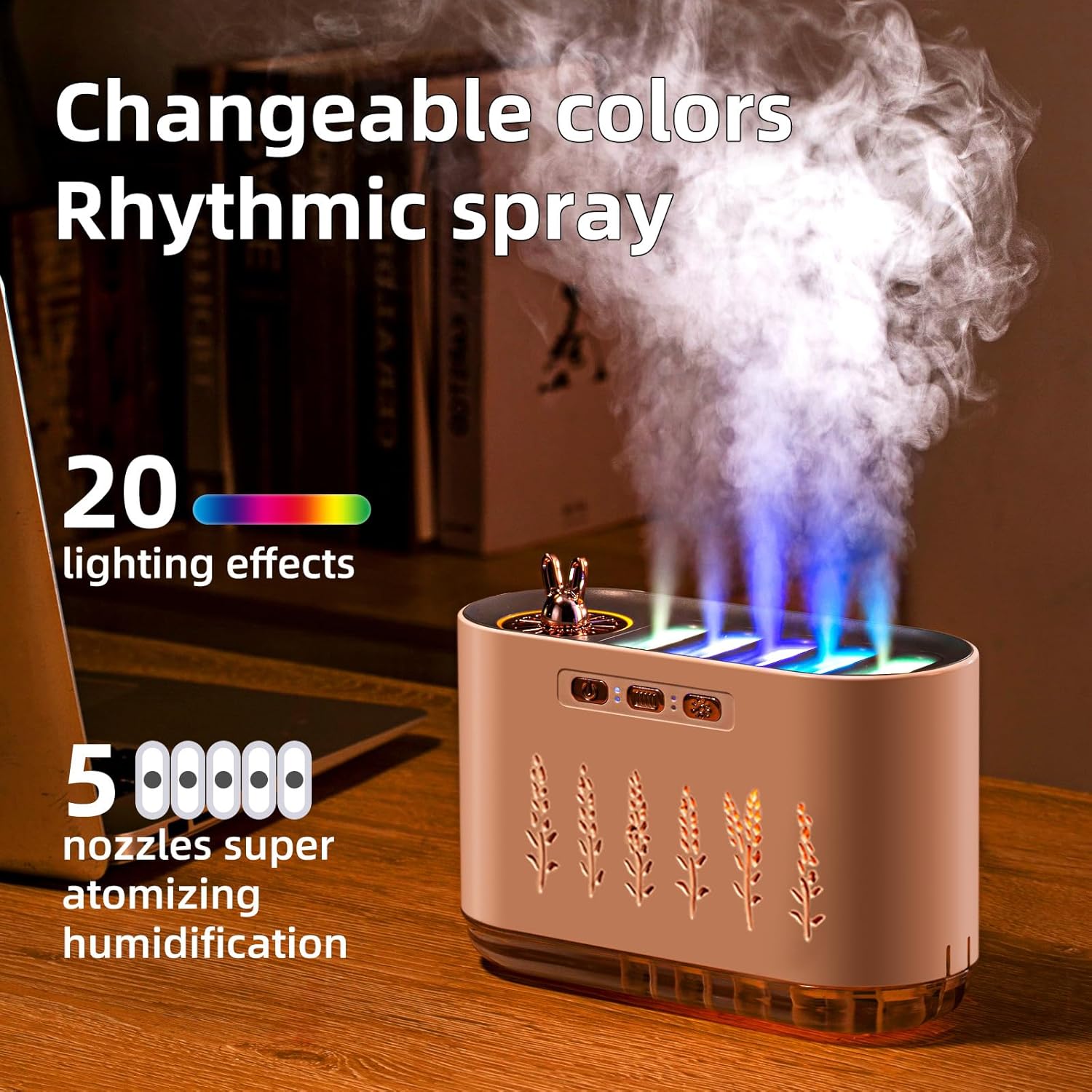 New home humidifier, quiet for bedroom, five-hole spray, aromatherapy, creative dynamic seven-color sound-controlled device