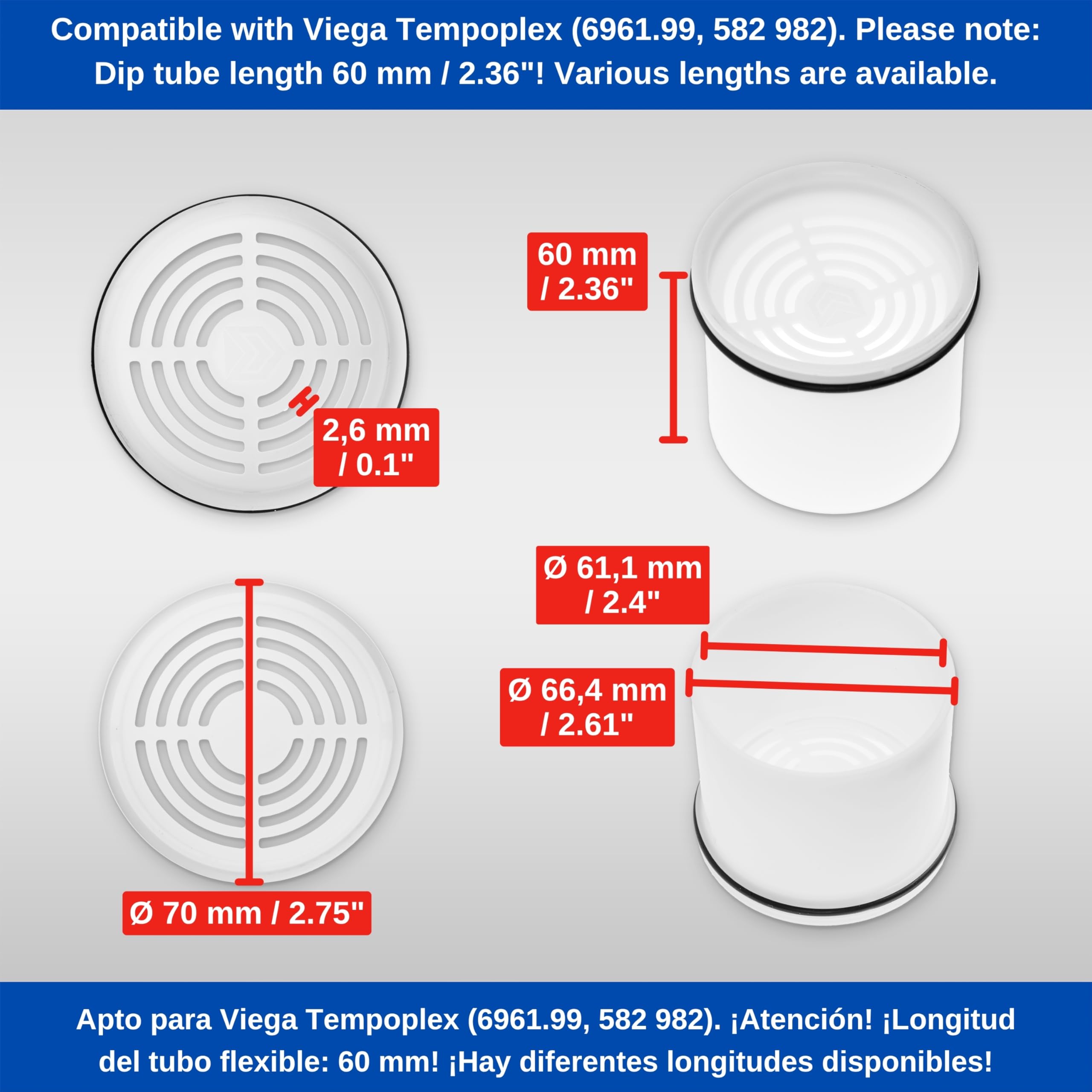 Capot et tube plongeur pour écoulement de douche, Ø 115 mm, compatible avec la garniture d'écoulement Viega Tempoplex à partir de l'année de construction 2006, couvercle ABS chromé
