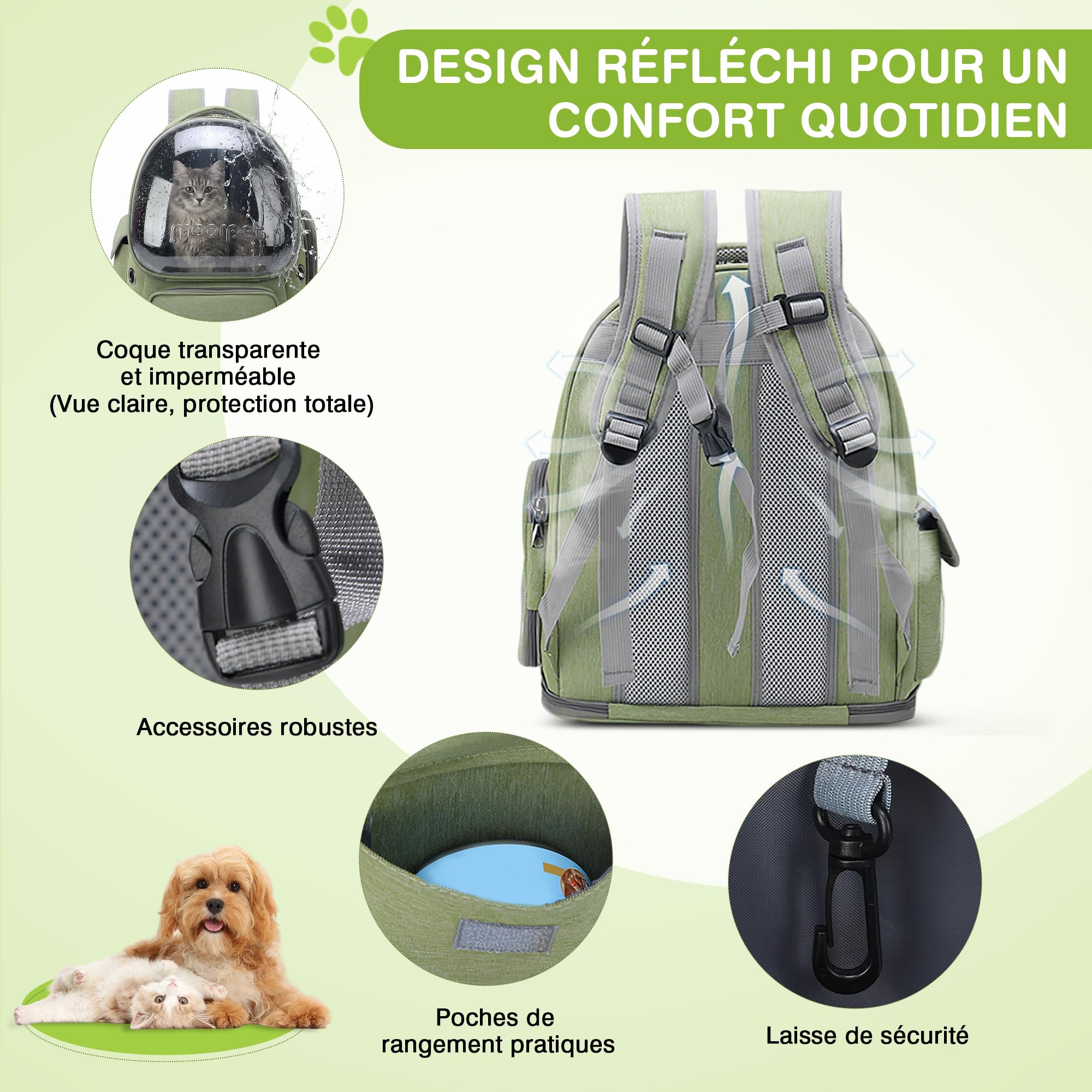 ALLSOPETS Sac à Dos pour Chat, Fenêtre Bulle Transparente, Vert Forêt | Sac de Transport Respirant avec Crochet de Sécurité, Confortable pour Chats et Petits Chiens jusqu’à 7,5 kg pour les Voyages