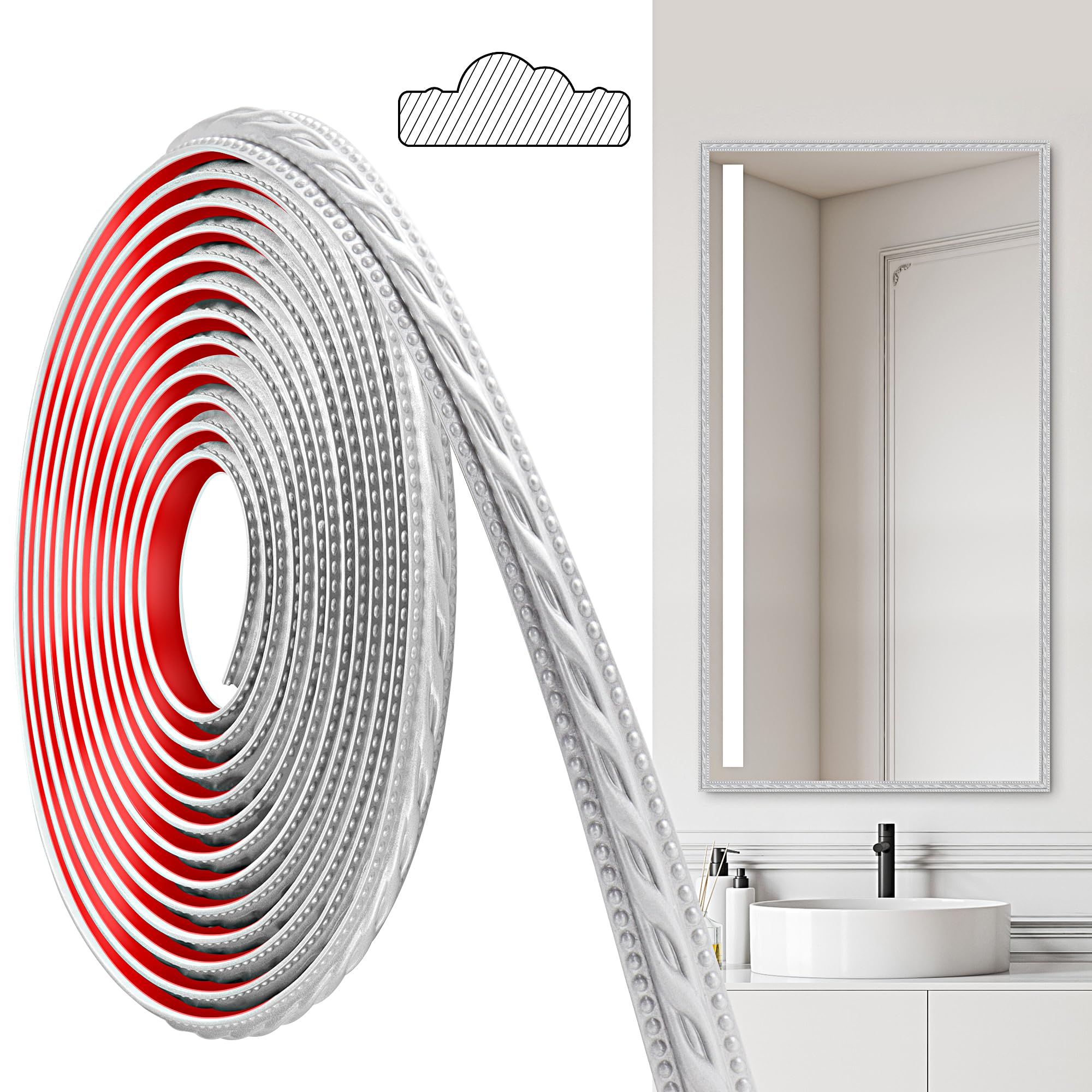 JUNART PVC Moldings Trim, 600cm×2cm, Peel and Stick Self-Adhesive, Coving for Ceilings, Wall Moldings for Wall Edge, Mirror Frames, Ceiling, Skirting Boards, Cabinet(Silver)
