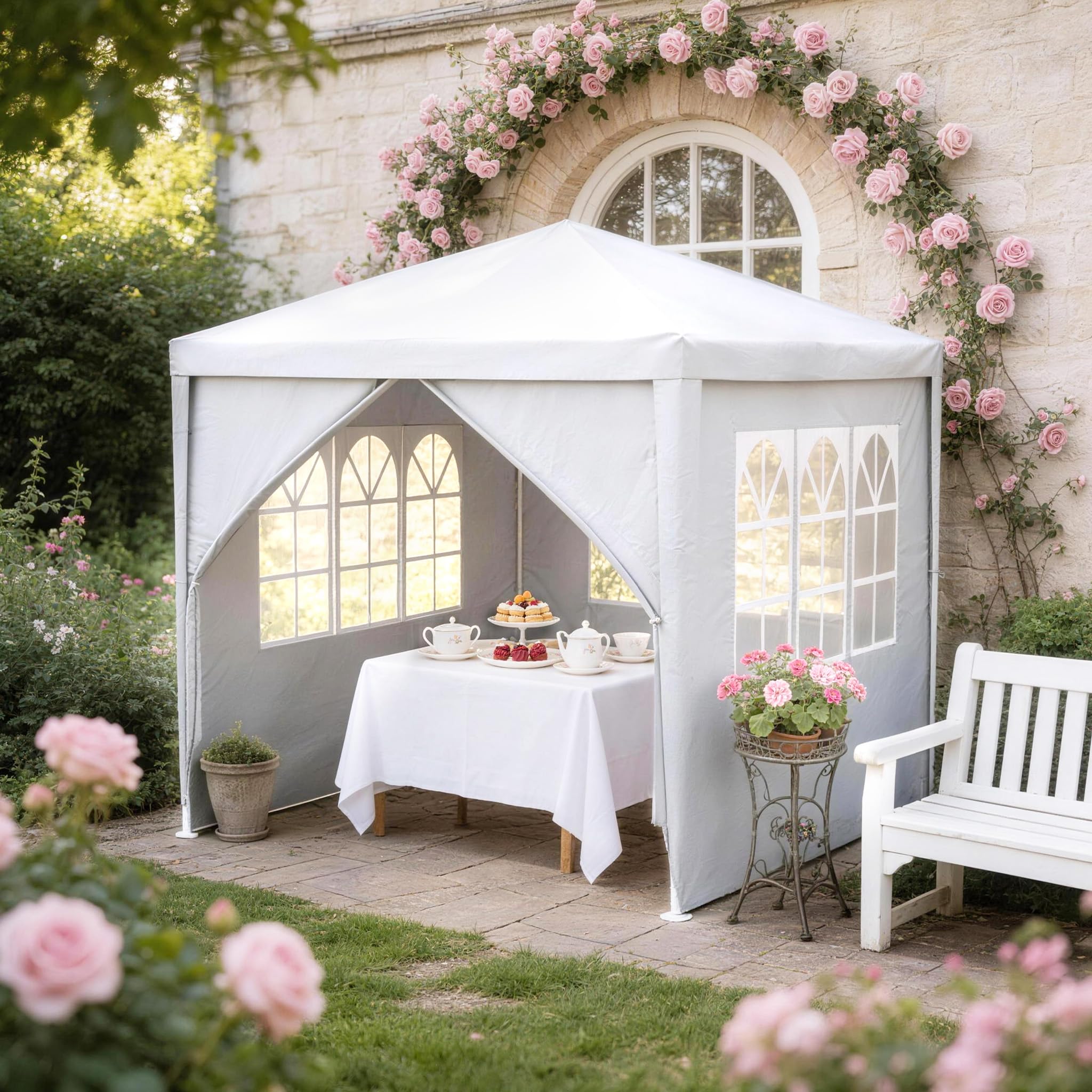 Froadp Carpa de jardín de 3 x 3 m con 4 paredes laterales, para fiestas, estructura de acero, resistente al agua, para jardín, mercado, boda, color blanco