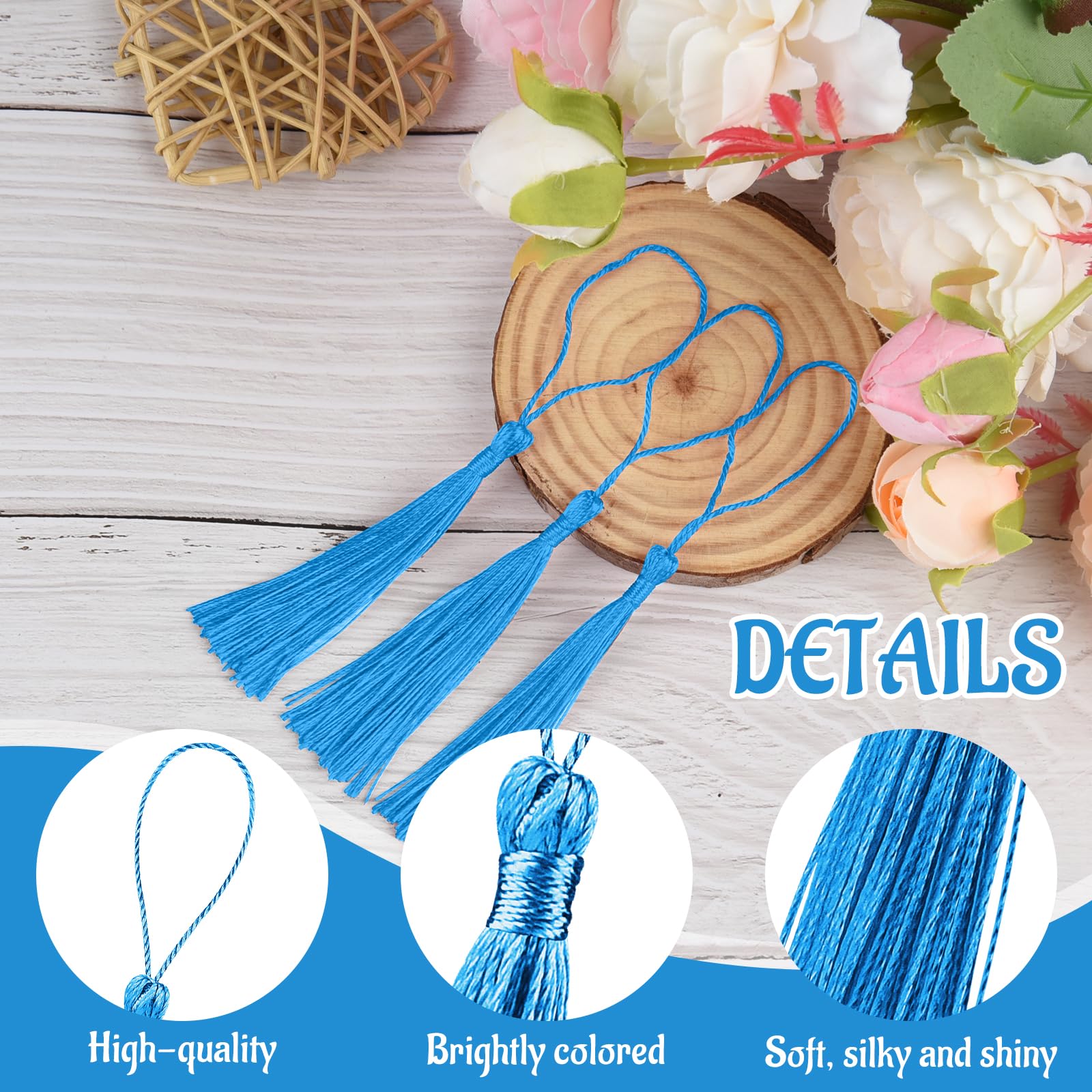 BOUBONI 100 Pcs Bookmark Tassels Bulk Lake Blue Soft Craft Silky Handmade Mini Tassels for Jewelry Making with Loops for DIY Craft Accessory Dress Decoration - Image 3