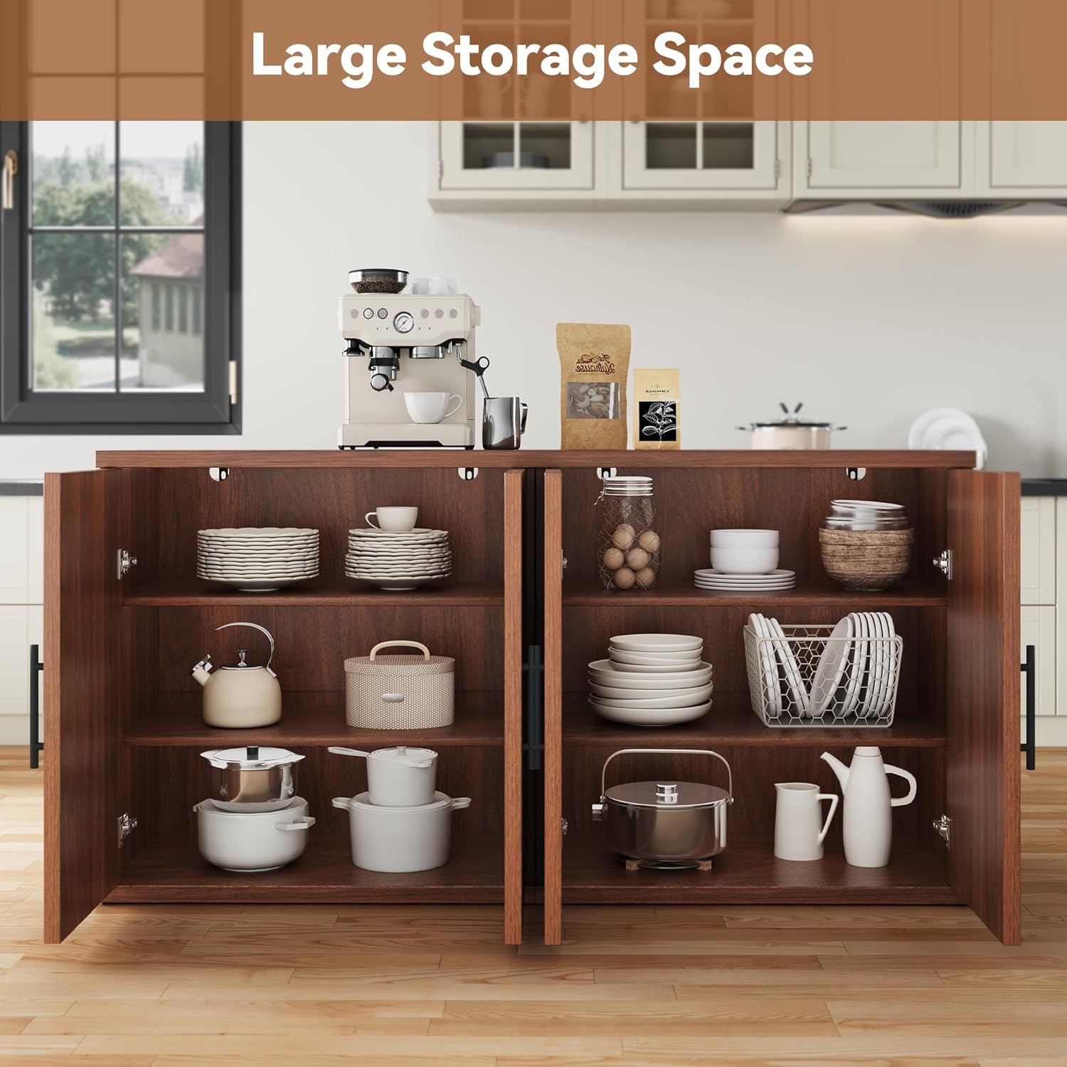 MapleGrace 63" Fluted Buffet Cabinet with Storage, Mid-Century Symmetrical Arched Sideboard Credenza with Adjustable Shelf, Large Wood Console Table for Dining Room, Kitchen, and Living Room (Walnut)