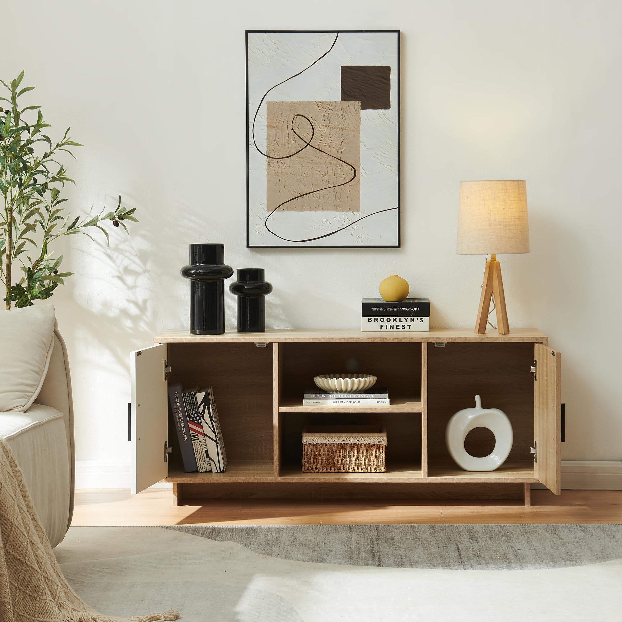 [en.casa] Mobile Porta TV a 2 Ante e Scomparti Aperti Supporto Televisore Stand Multimediale Credenza Bassa per Soggiorno Studio Living 120x39x52 cm Effetto Rovere Sonoma/Bianco