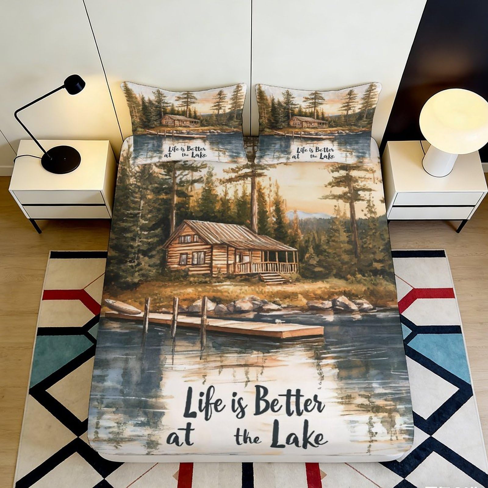 3D Printed Lake Cabin Fitted Sheet Microfiber Soft Durable Forest Reflection Bed Cover for Bedroom Guest Room Dormitory Mattress Protection 140x200x25cm