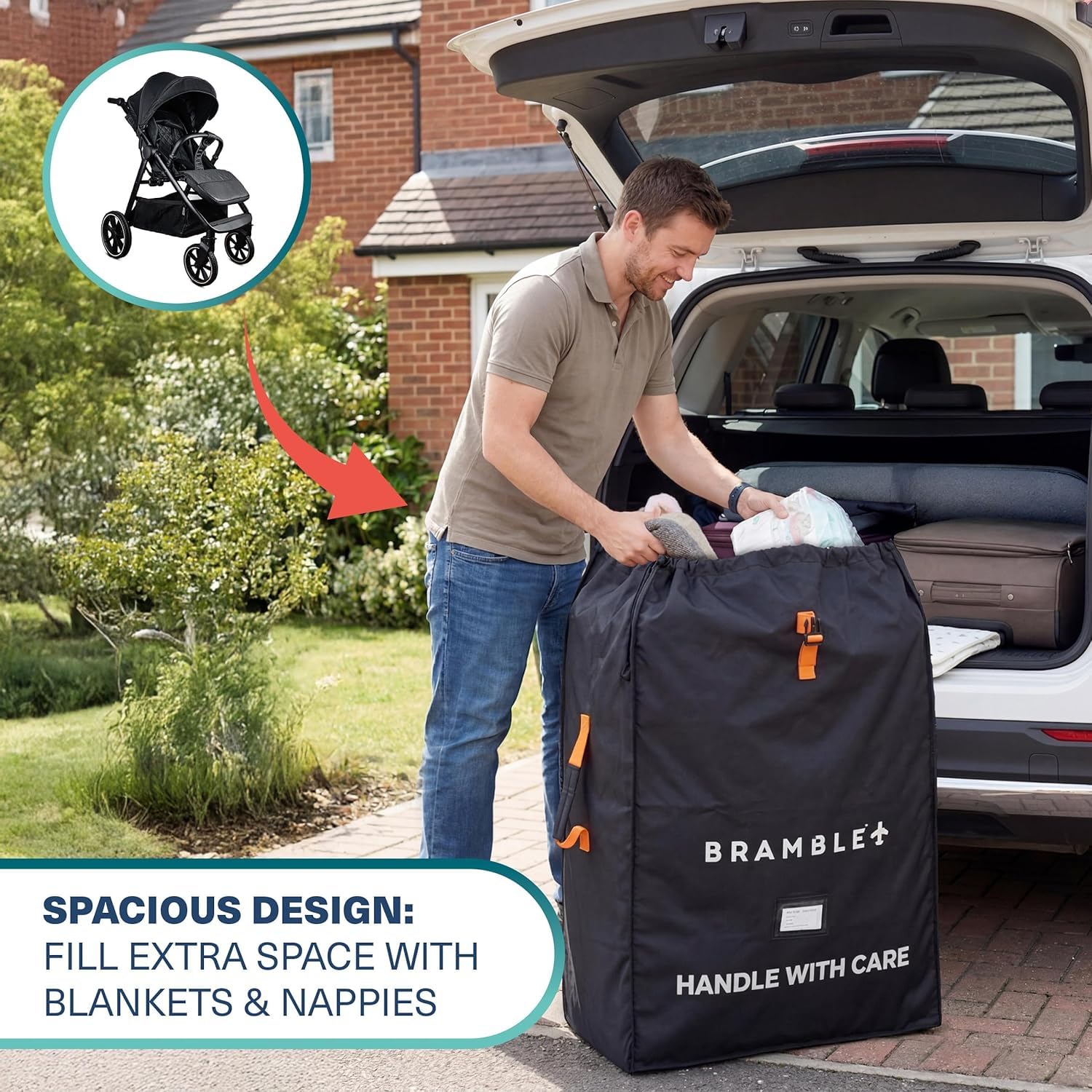 BRAMBLE - Sac de Transport Poussette pour Avion Gate Check - Nylon Balistique Imperméable avec Sangles Néoprène, Pochette & Fenêtre ID - 90 x 60 x 35 cm (Noir)