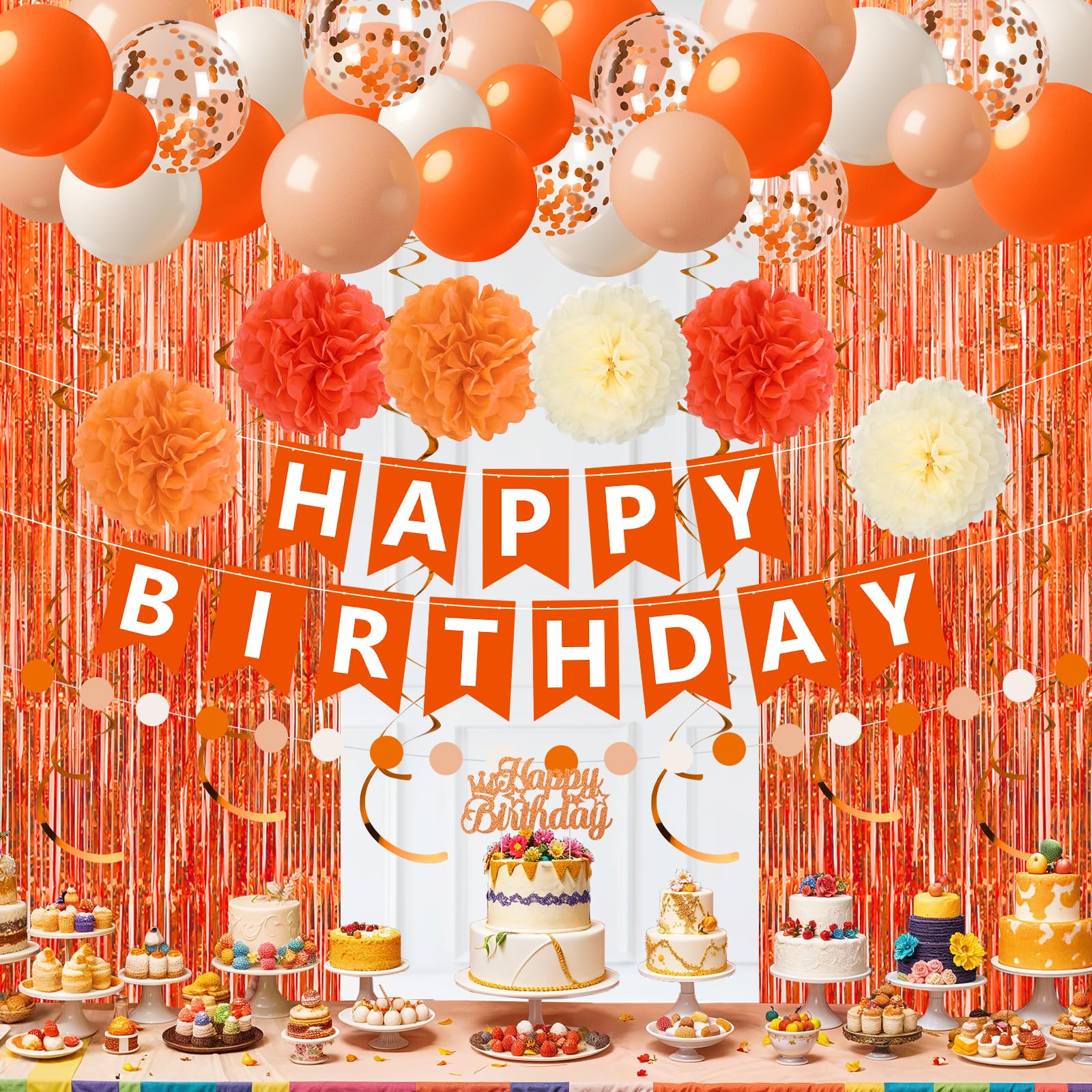 Orange Birthday Decorations Orange White Happy Birthday Banner Balloons Hanging Swirls Fringe Curtain Backdrop for Fall Autumn Harvest Thanksgiving