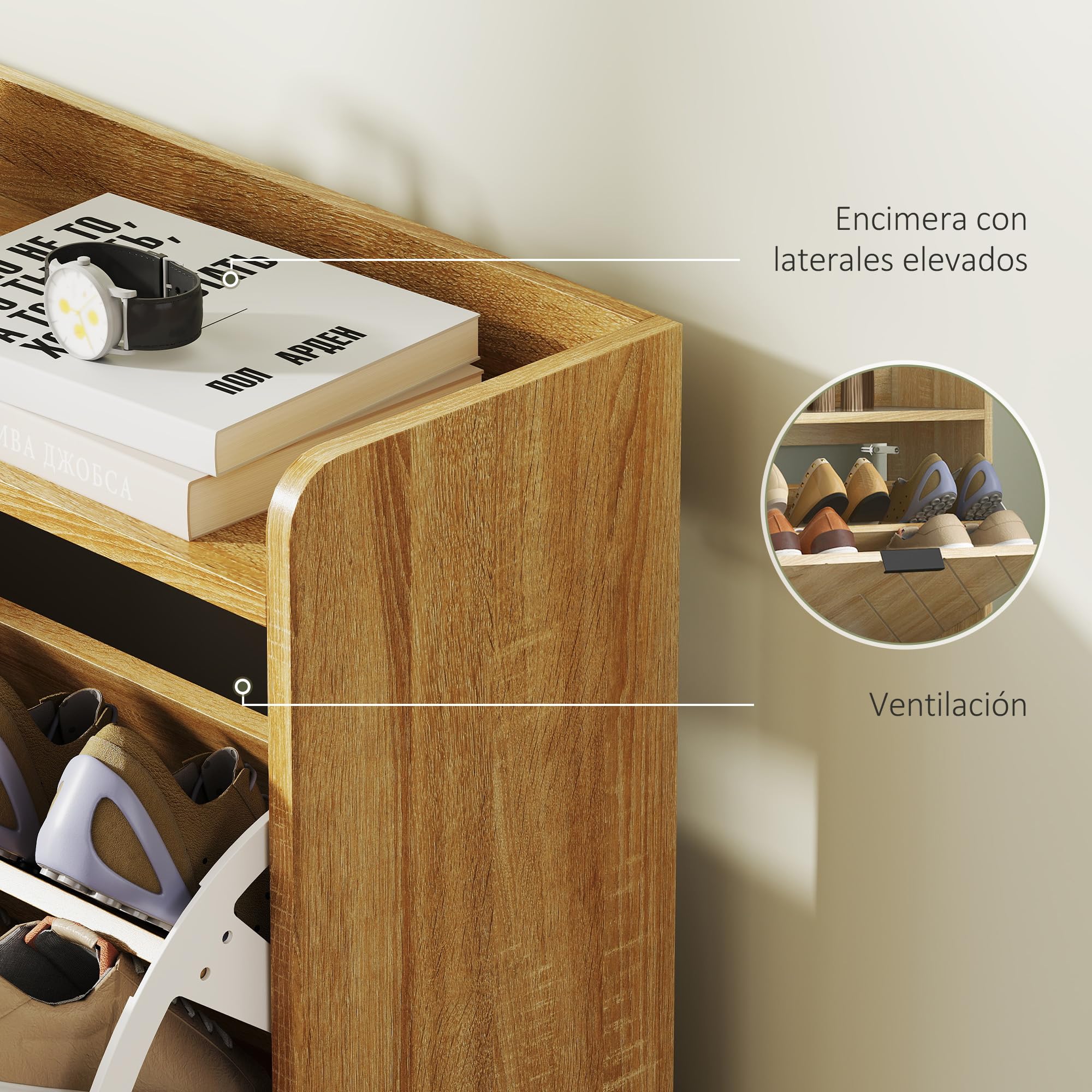 HOMCOM Zapatero Estrecho con 4 Puertas Zapatero Entrada Recibidor con Estantes Ajustables para 16 Pares de Zapatos 110x23,5x95,5 cm Roble