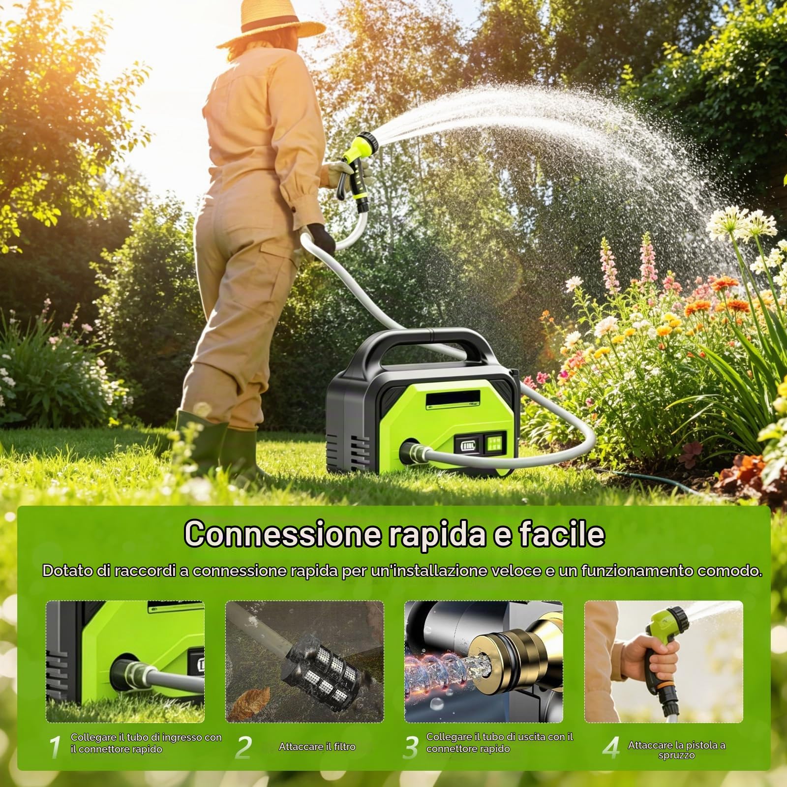 Pompa da Giardino Autoadescante a Batteria, 4,5 Bar, Pompa Acqua Portatile con 2 Batterie, Tubo di Mandata 10 m e Aspirazione 3 m, 3 Ugelli Spray, per Laghetto, Giardino, Acquario e Campeggio