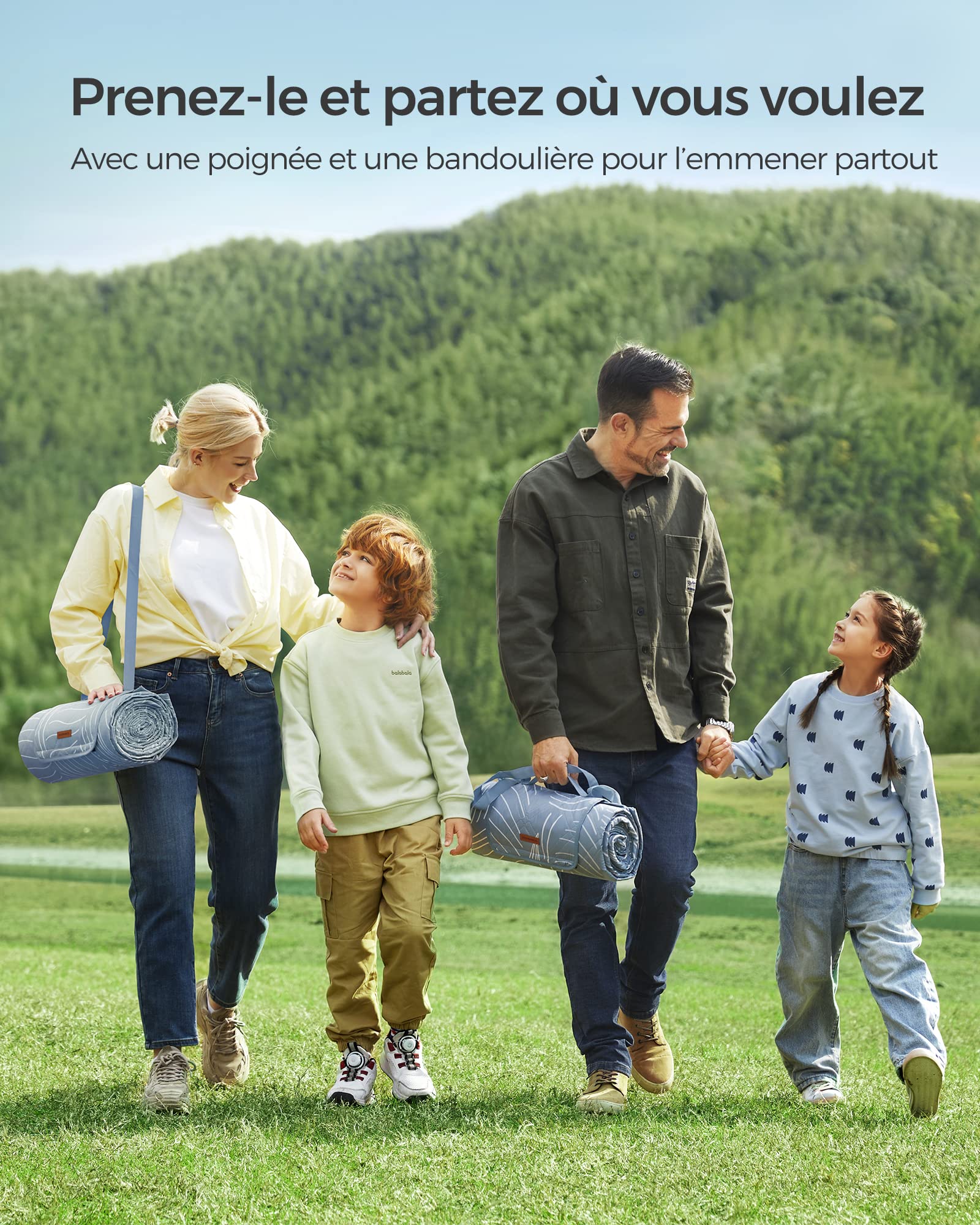 SONGMICS Couverture de Pique-Nique, 200 x 200 cm, avec 4 Piquets de Sol, Grand Tapis, pour Camping, Parc, Jardin, Plage, Hydrofuge, Lavable en Machine, Pliable, Motif Feuilles et Bleu Clair GCM010Q02