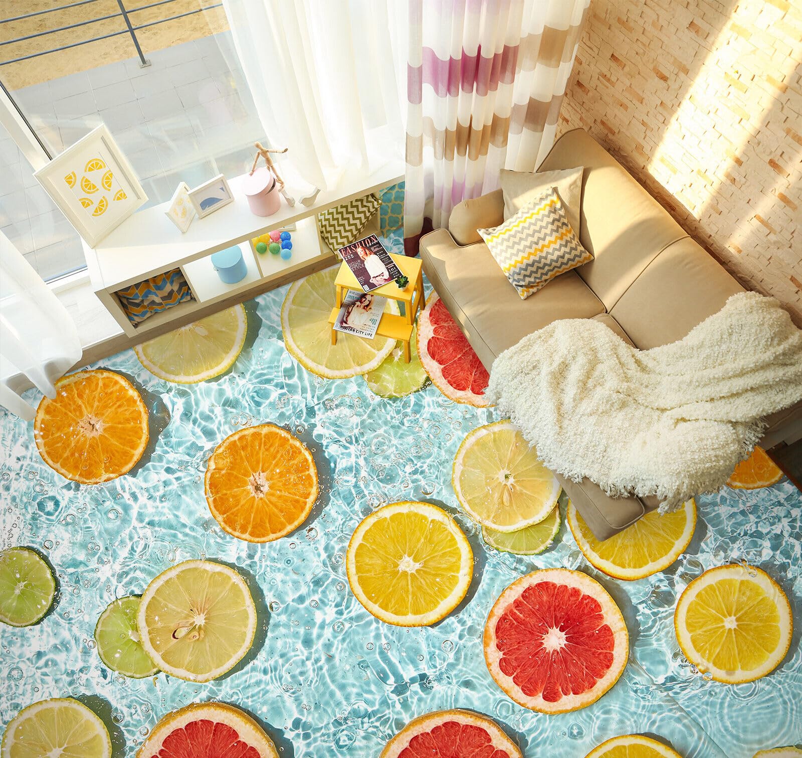 Cartel De Decoración De Piso Murales de papel pintado para suelo de naranja limón 3D, 250 * 175 cm Murales Pegatinas Cuarto de baño Vinilo autoadhesivo Papel tapiz