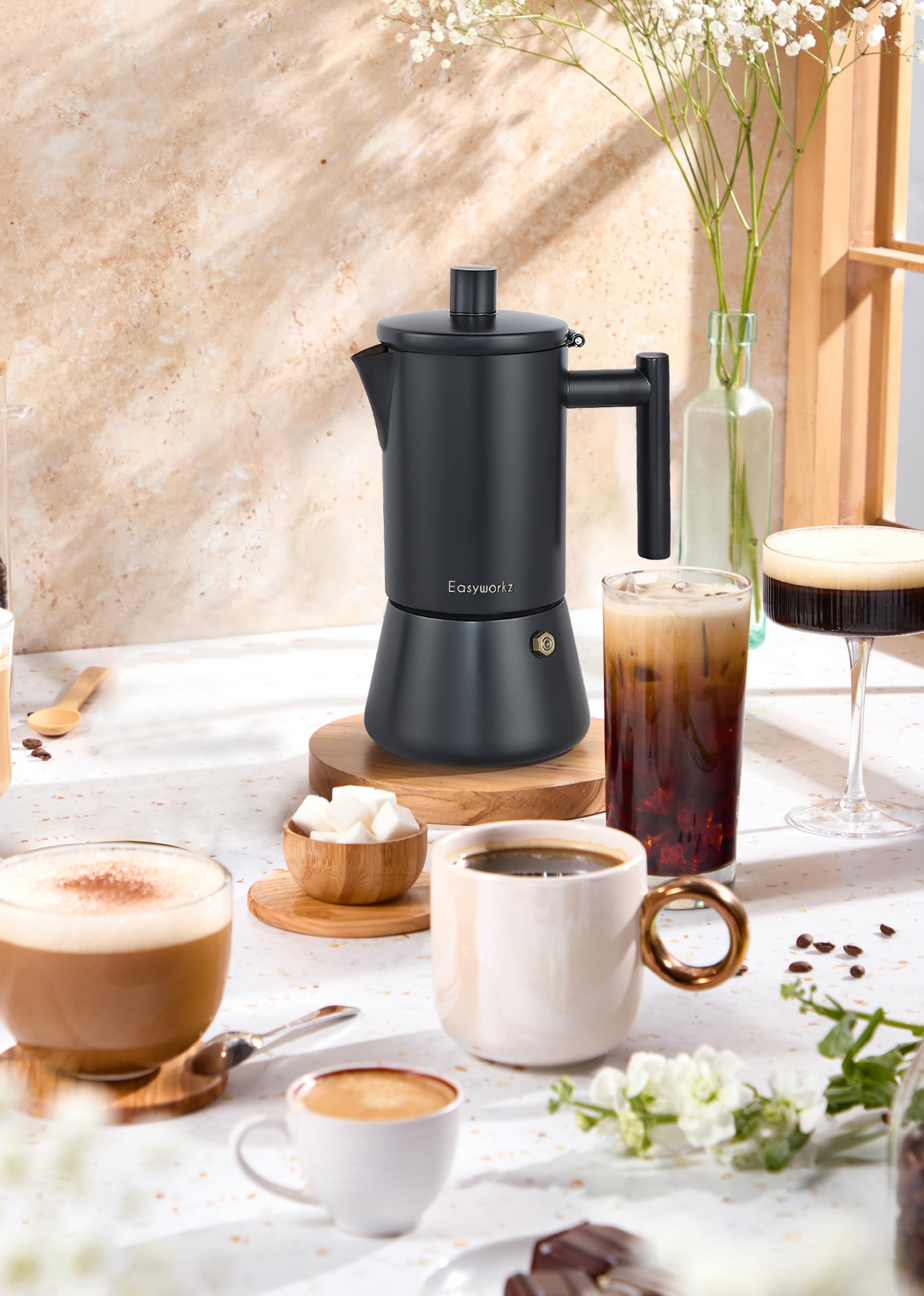 Easyworkz Diego Stovetop Espresso Maker Stal nierdzewna Włoski ekspres do kawy 12 filiżanek 520 ml Moka Pot Indukcyjny Espresso Pot - Matowa czerń