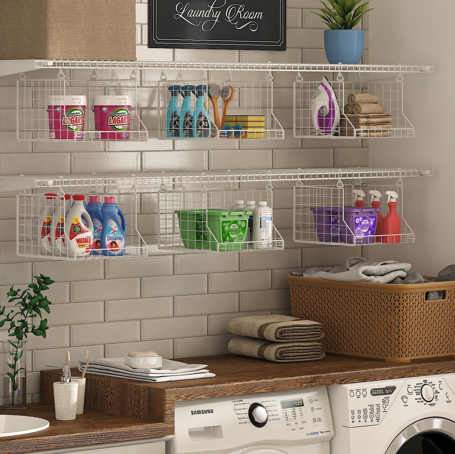 3 Tier Foldable Laundry Basket Organizer with Rotating Hooks White