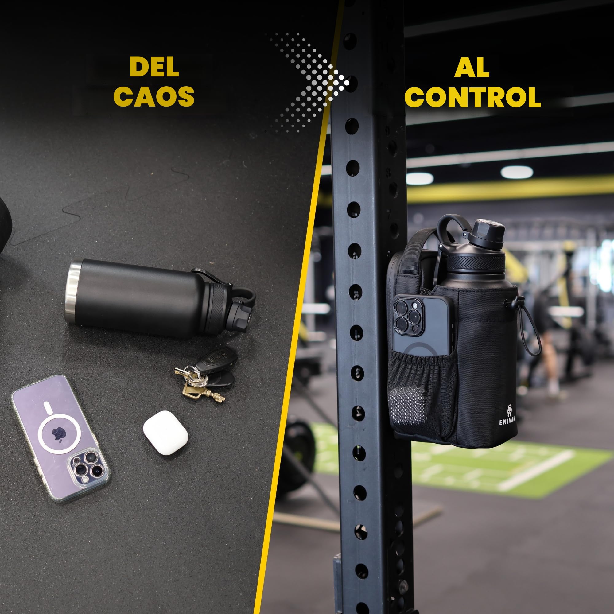 Bolsa Deportiva magnética, Soporte para Botella 1,5L, Bolsillo para móvil, Correa Ajustable Hombre Mujer, mosquetón Llaves, riñonera para Fitness, Gimnasio, musculación, Negro