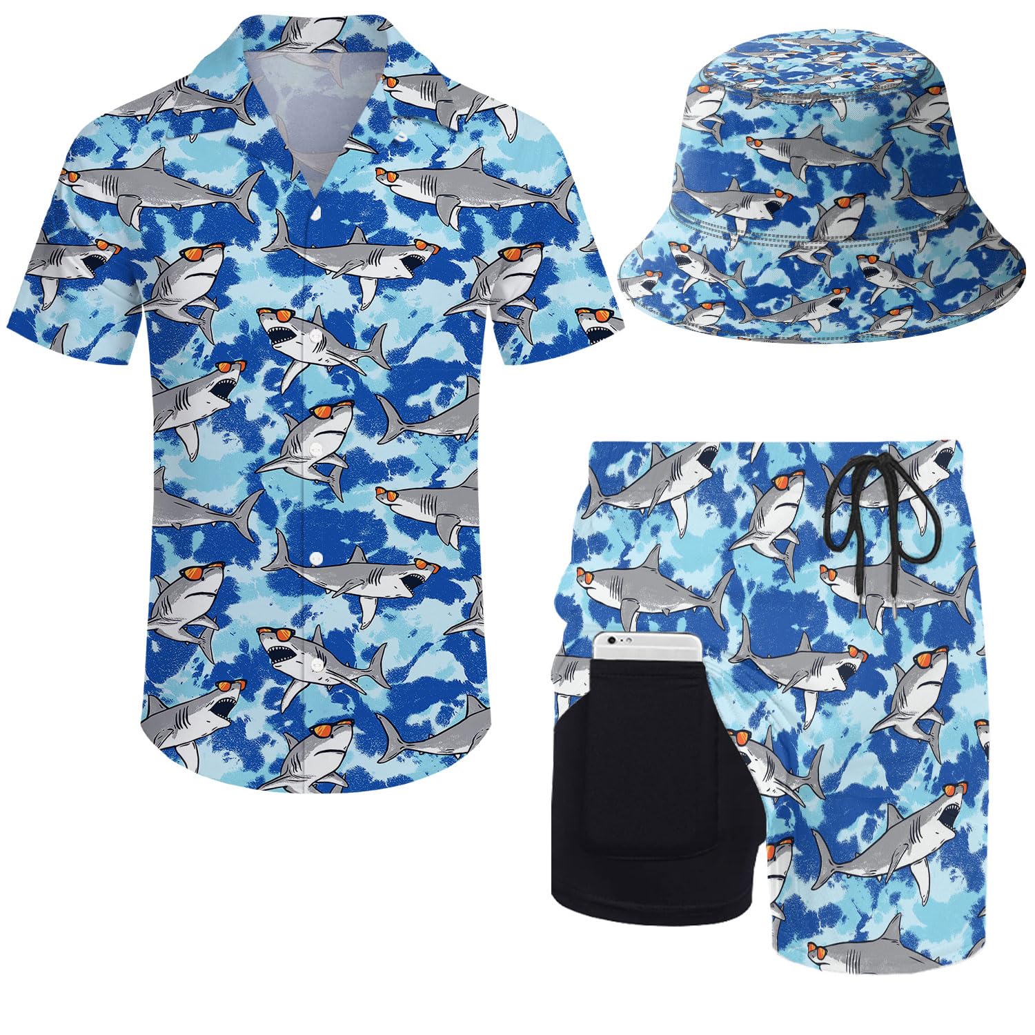 ZePinger Men's 80s Shirt and Shorts Set 80s 90s outfit 90s Shirt Suits with Bucket Hats, Sharks Tie Dye Blue, Large — image 1