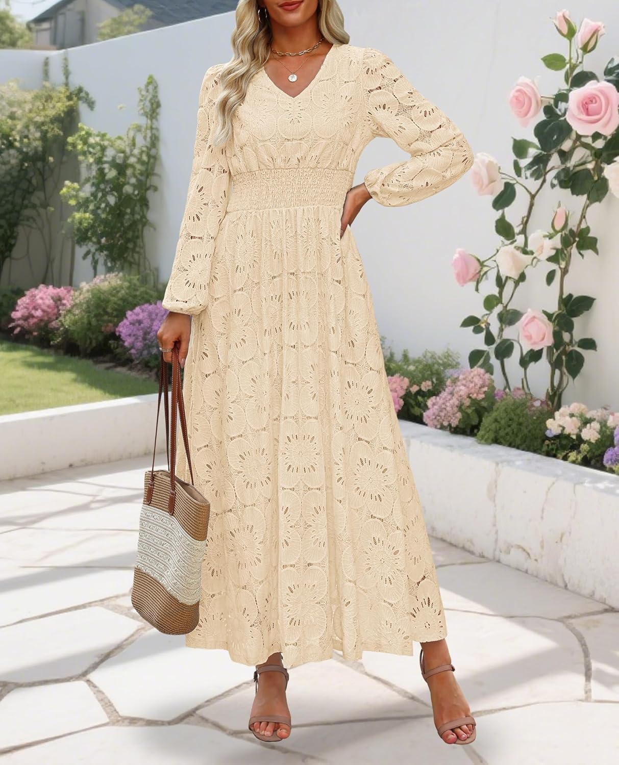 Women's Long Puff Sleeve Floral Maxi Dress V Neck Lace Eyelet Hollow Out A Line Flowy Boho Spring Wedding Guest Party Dresses - Image 2