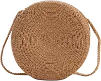 Bolsa feminina de palha redonda de 16,5 cm, bolsa de tecido casual de ombro único, com zíper, cor sólida, bolsa portátil para férias na praia, viagem, cáqui