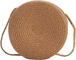 Bolsa feminina de palha redonda de 16,5 cm, bolsa de tecido casual de ombro único, com zíper, cor sólida, bolsa portátil para férias na praia, viagem, cáqui