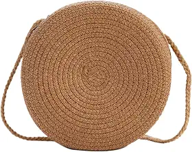 Bolsa feminina de palha redonda de 16,5 cm, bolsa de tecido casual de ombro único, com zíper, cor sólida, bolsa portátil para férias na praia, viagem, cáqui