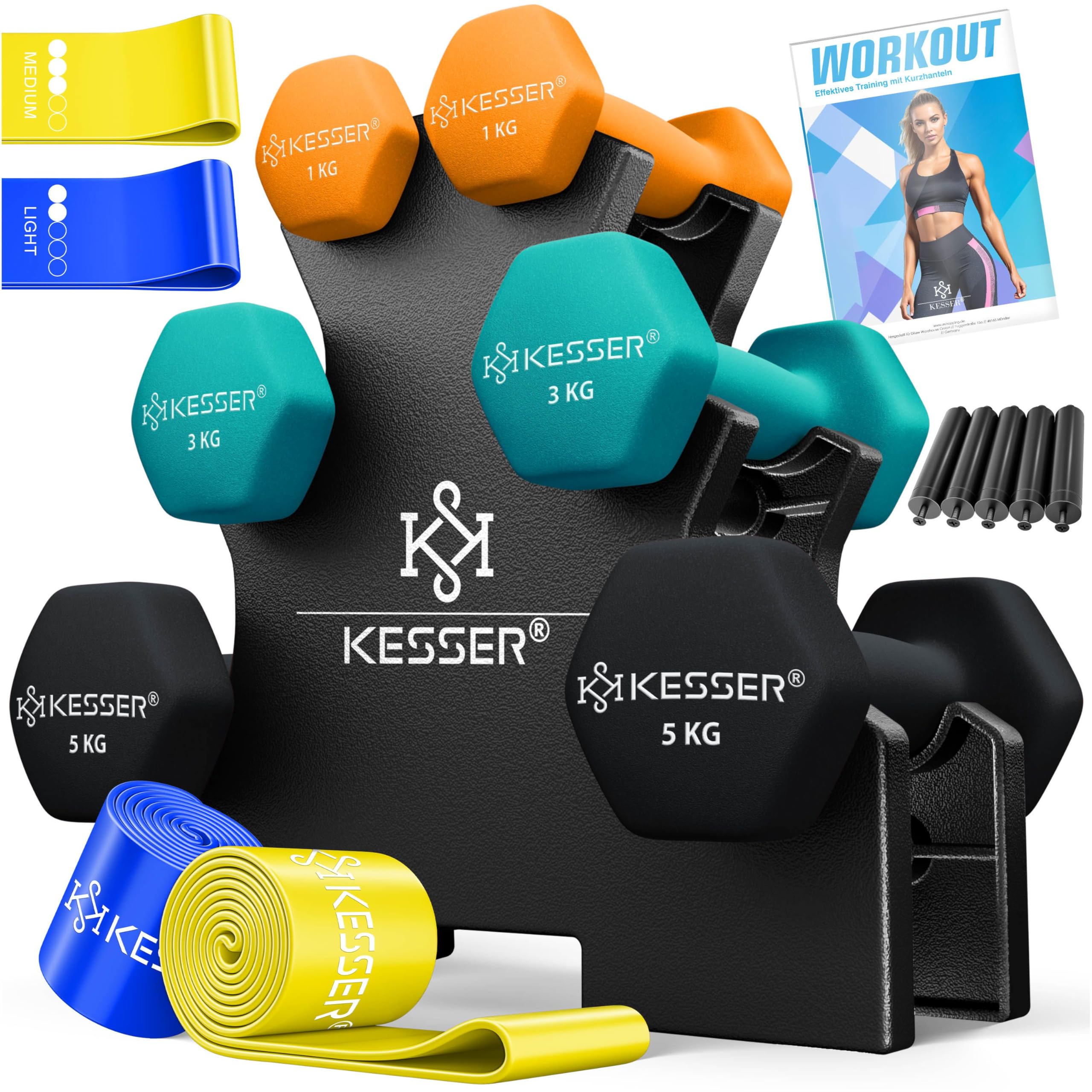 KESSER® Hantel-Set, 3 Paar, 1kg - 5kg, 12kg oder 18kg kurzhanteln mit Ständer Aufbewahrung, Fitnessstudio, Krafttraining, Hantelset rutschfeste Neopren,