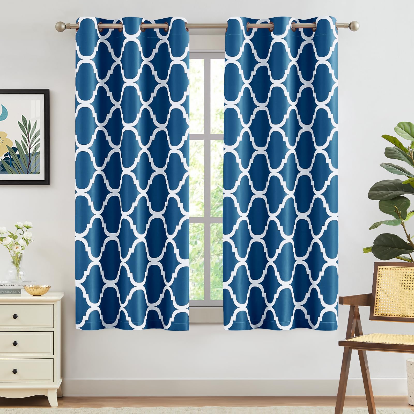 Melodieux Moroccan Fashion Thermal Insulated Room Darkening Blackout Grommet Curtains for Living Room, 42 by 63 Inch, Royal Blue (2 Panels)