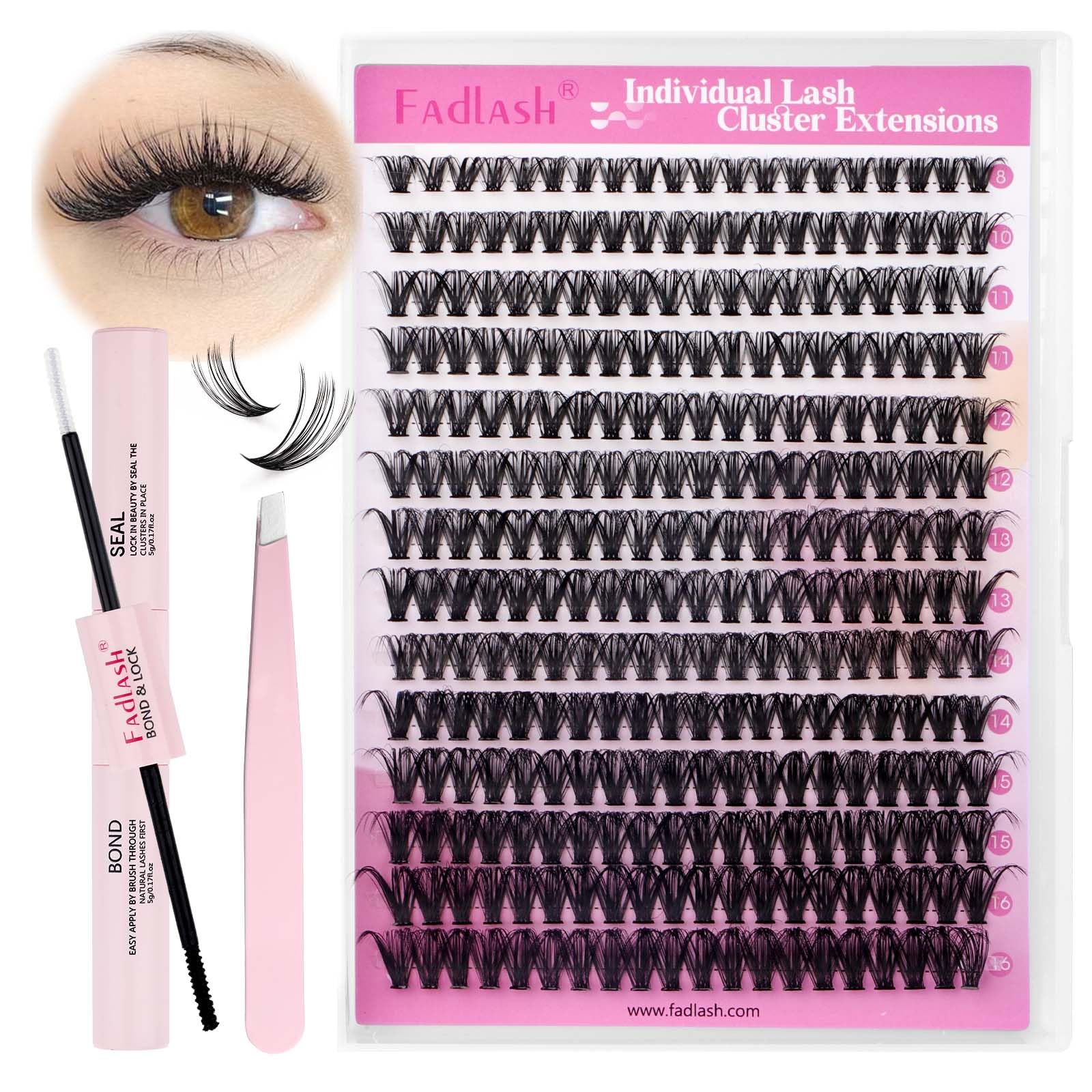 FADLASH 40D Lash Extension Kit Individual Cluster Lashes 0.07D Curl Eyelash Extension Kit with Lash Bond and Seal and Lash Applicator Tool for Self Application at Home (40D, 8-16mm)