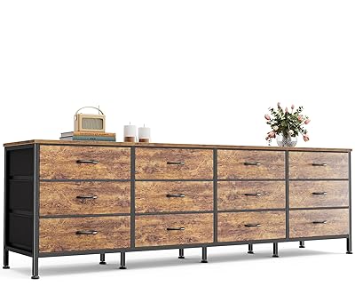 Huuger 70 Inch Dresser for Bedroom, TV Stand for 65, 75, 80 Inch TV, 12 Fabric Drawer Long Dresser, Large Entertainment Center for Bedroom, Wide Chest of Drawer with Storage, Rustic Brown