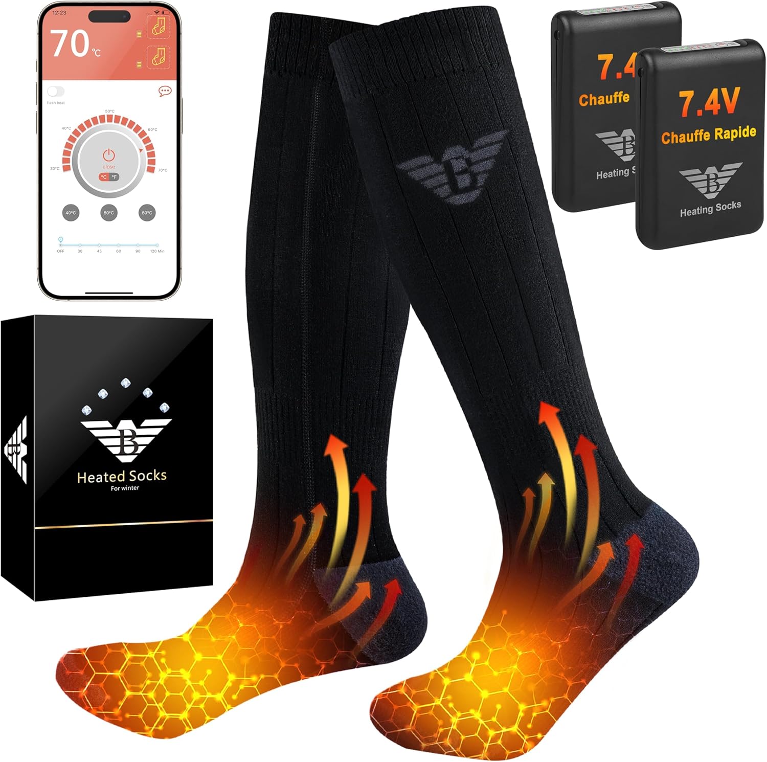 Chaussettes Chauffantes Homme Femme - 7.4V 3000mAh Chaussette Chauffante, Contrôle des APP Chaussette Chaude pour Activités de Plein Air en Hiver - Amazon product rated Grade A