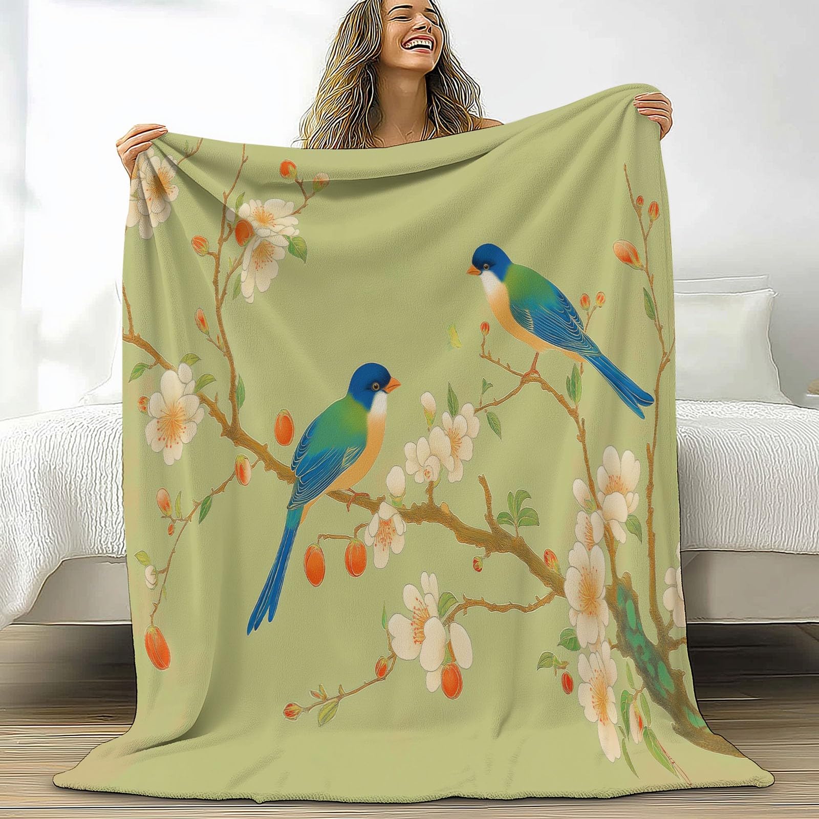 Koc polarowy z mikrofibry 220 x 240 cm, rośliny wiśni ptaki nadruk 3D miękki pluszowy koc na łóżko dla dorosłych i dzieci, kemping, żółto-zielony