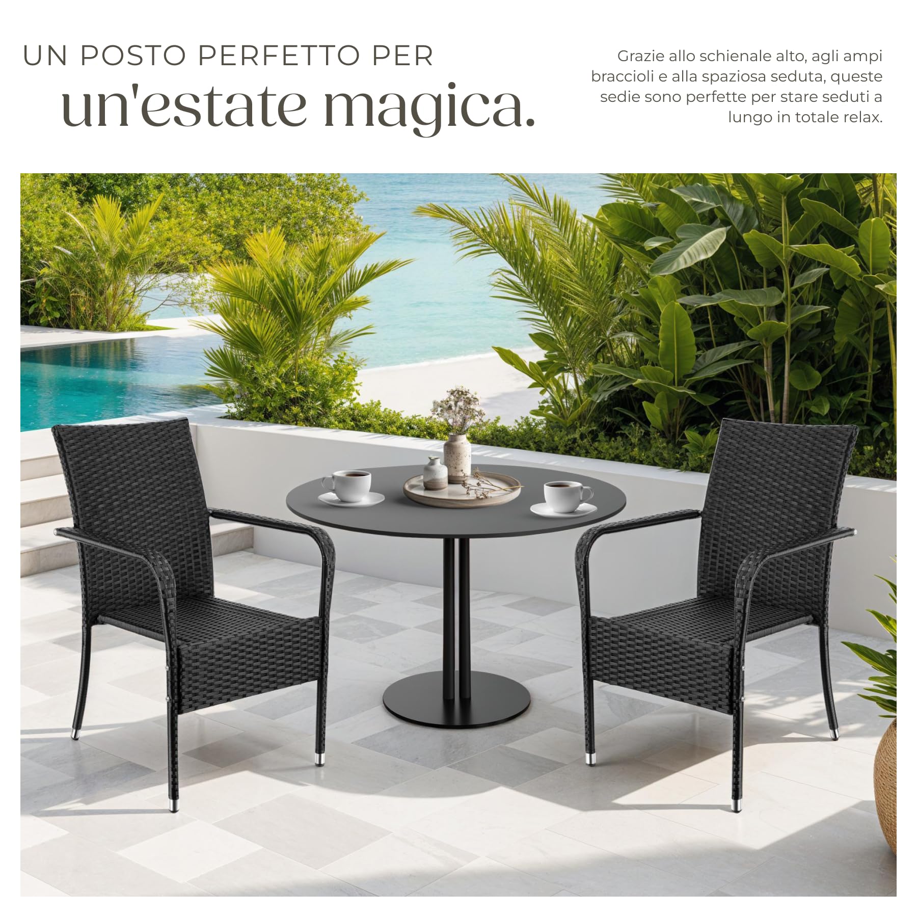 tectake® Set di 2 Sedie in Rattan, Impilabile, Rattan Resistente alle Intemperie, Schienale Alto, Struttura in Acciaio, Set Sedie Sala da Pranzo 2, Comfort e Stabilità per Interni ed Esterni, Nero