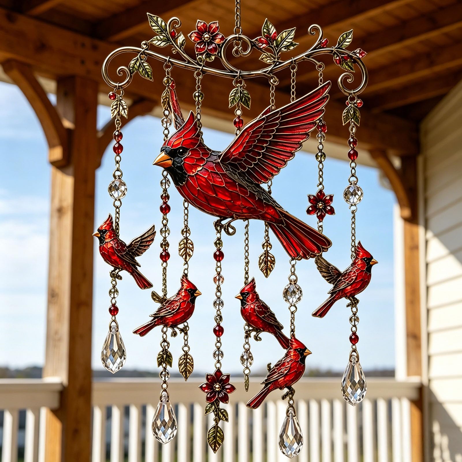 Graceful Hummingbird Wind Chime, Hummingbird Wind Chimes Outdoor Crystal Suncatcher Hanging Decor, Bird Garden Yard Ornament for Patio Porch Balcony (Cardinal)