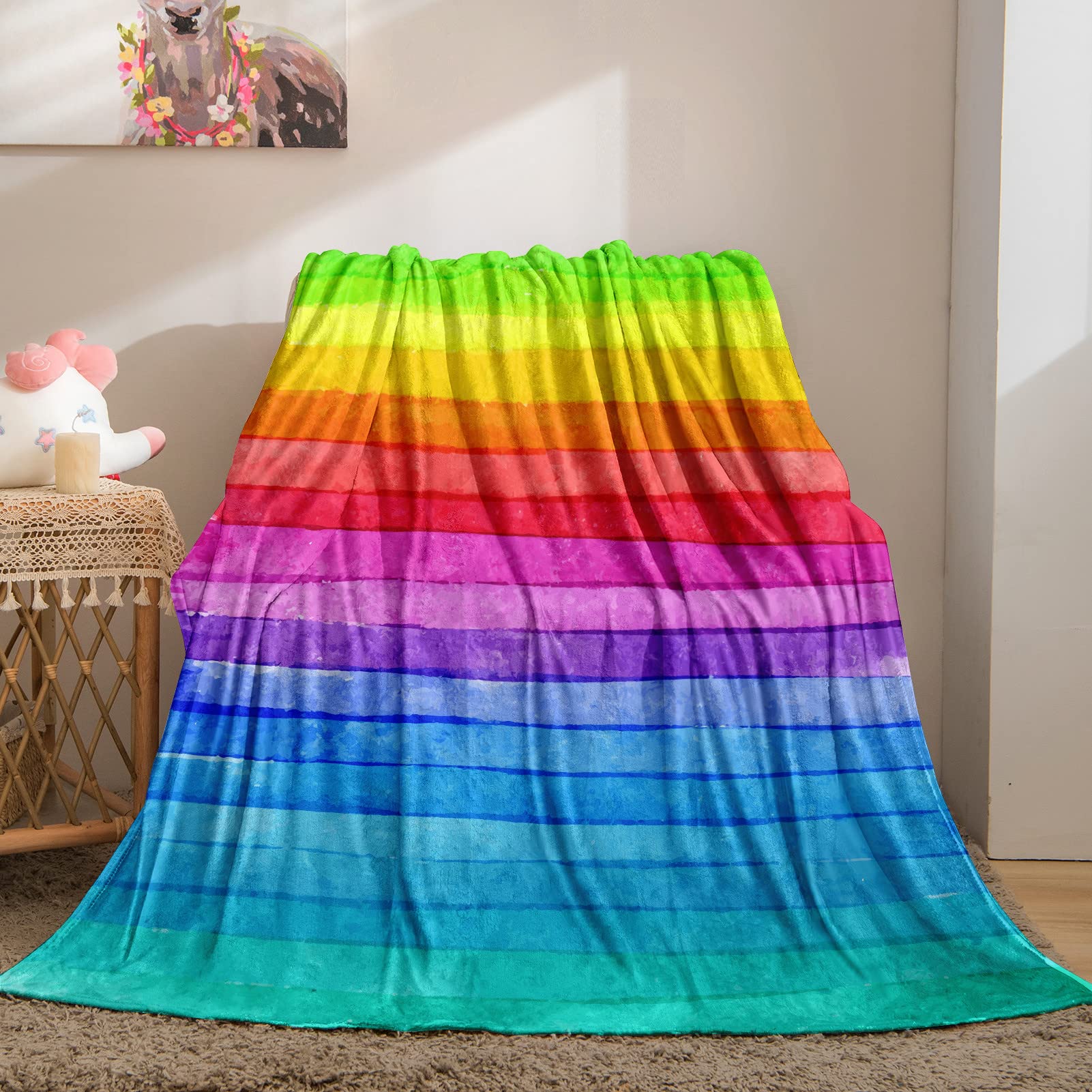 YUANZU Rainbow Striped Blanket Throw, Colorful Watercolor Palette Soft Cozy Flannel Baby Blanket, Warm Lightweight Plush Throw Couch Sofa Bed Cover, Gifts for Nursery Toddler Girls Woman 50x60 inch